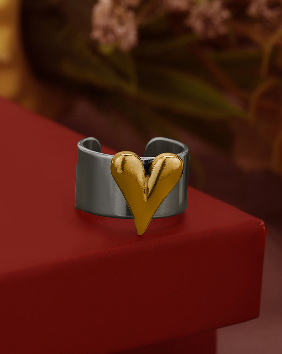 Silver and Gold Plated Heart Cuff Adjustable Ring