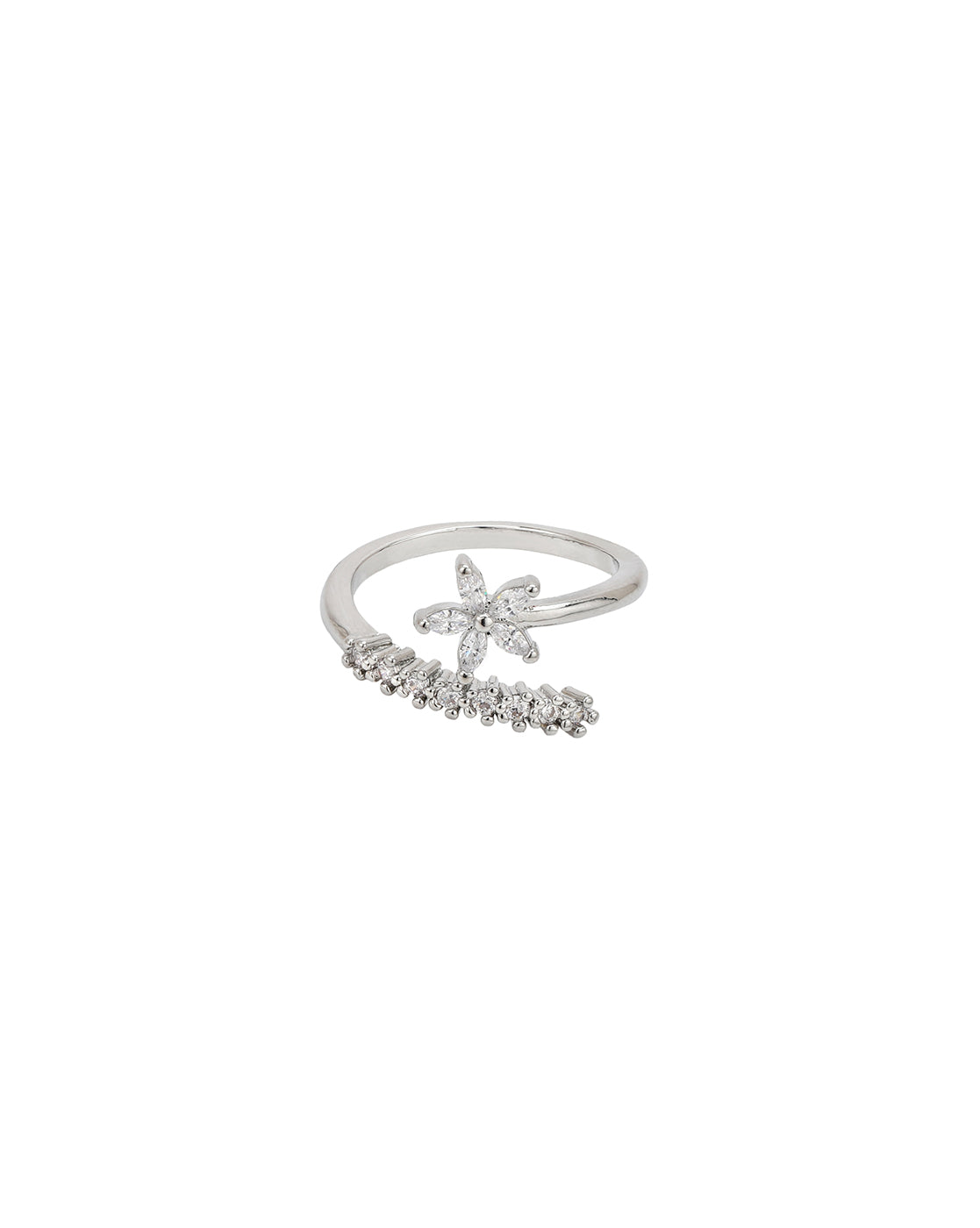 Silver Plated CZ Floral Adustable Ring
