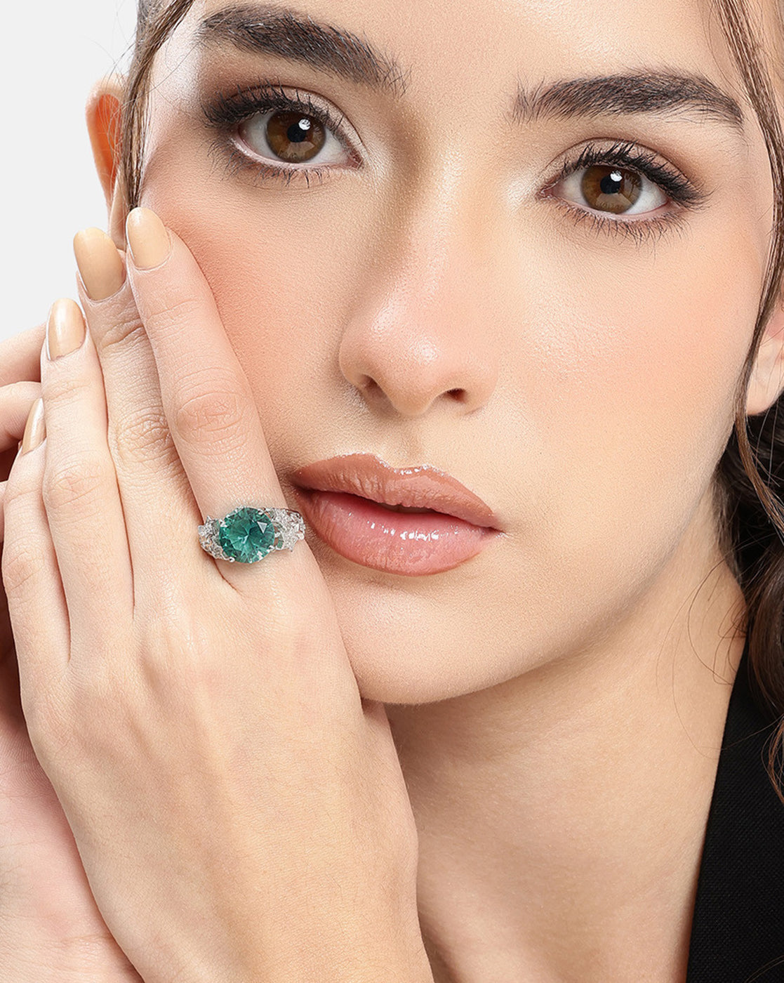 Silver Plated CZ Green Solitaire Adjustable Ring