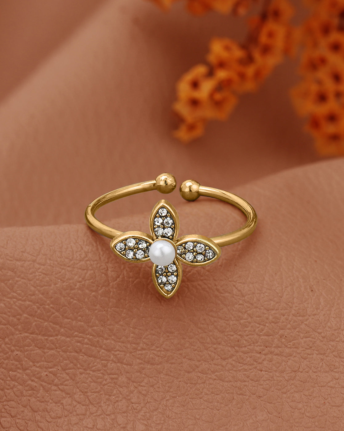 Gold Plated CZ White Pearl Floral Adjustable Ring