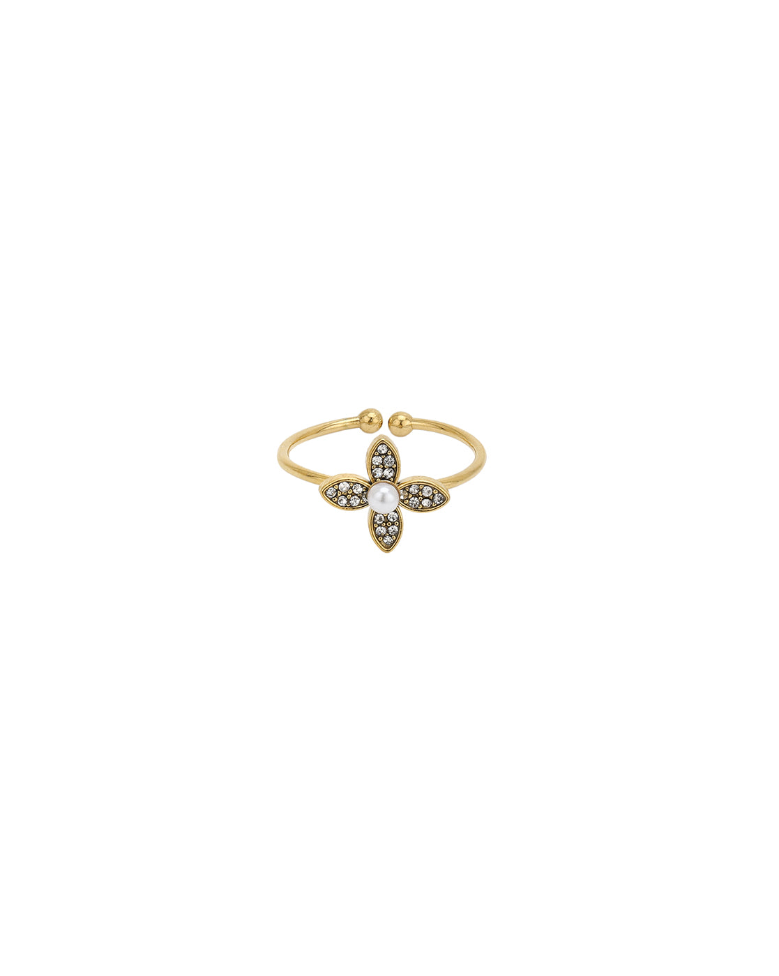 Gold Plated CZ White Pearl Floral Adjustable Ring