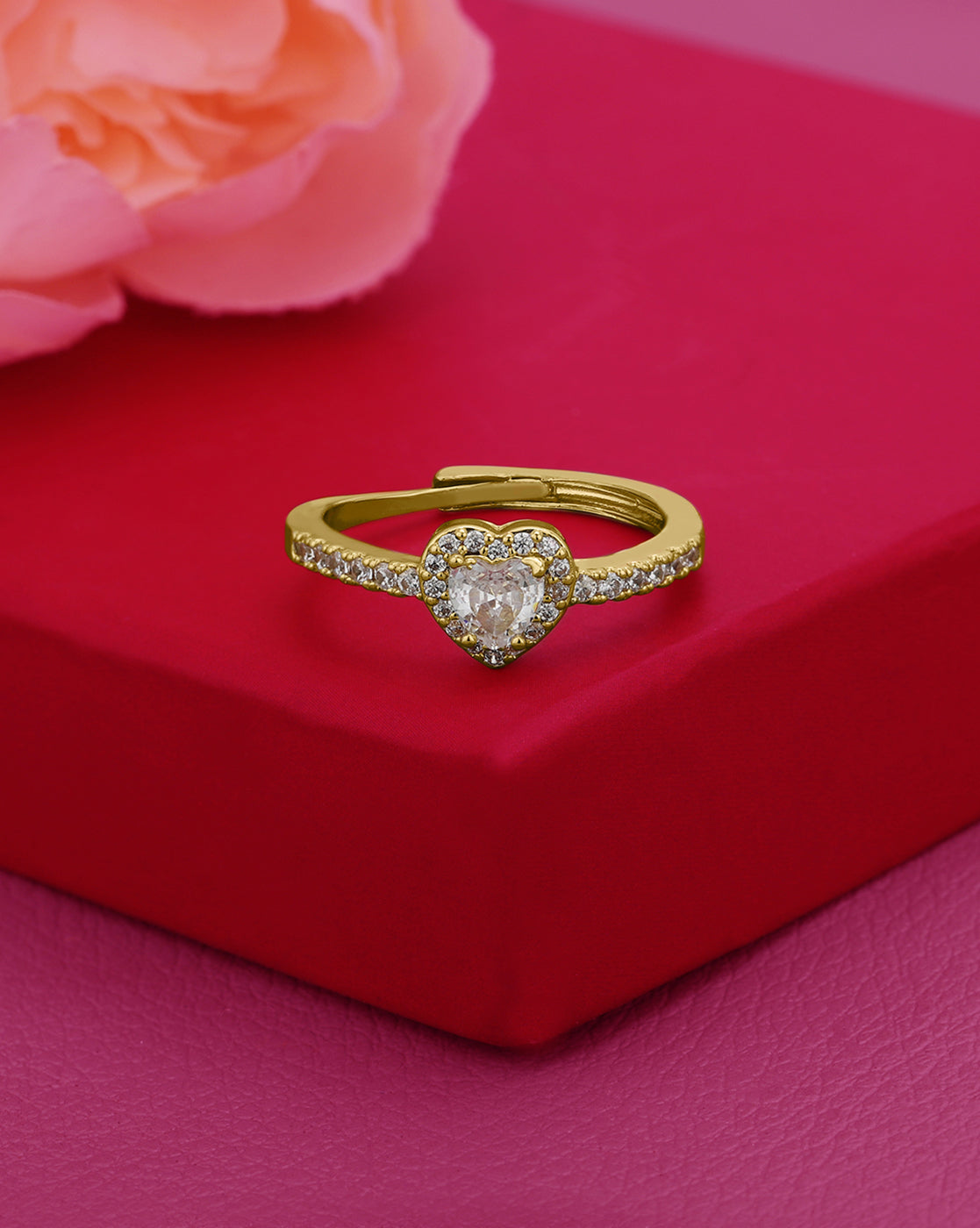 Gold Plated CZ Heart Solitaire Adjustable Ring