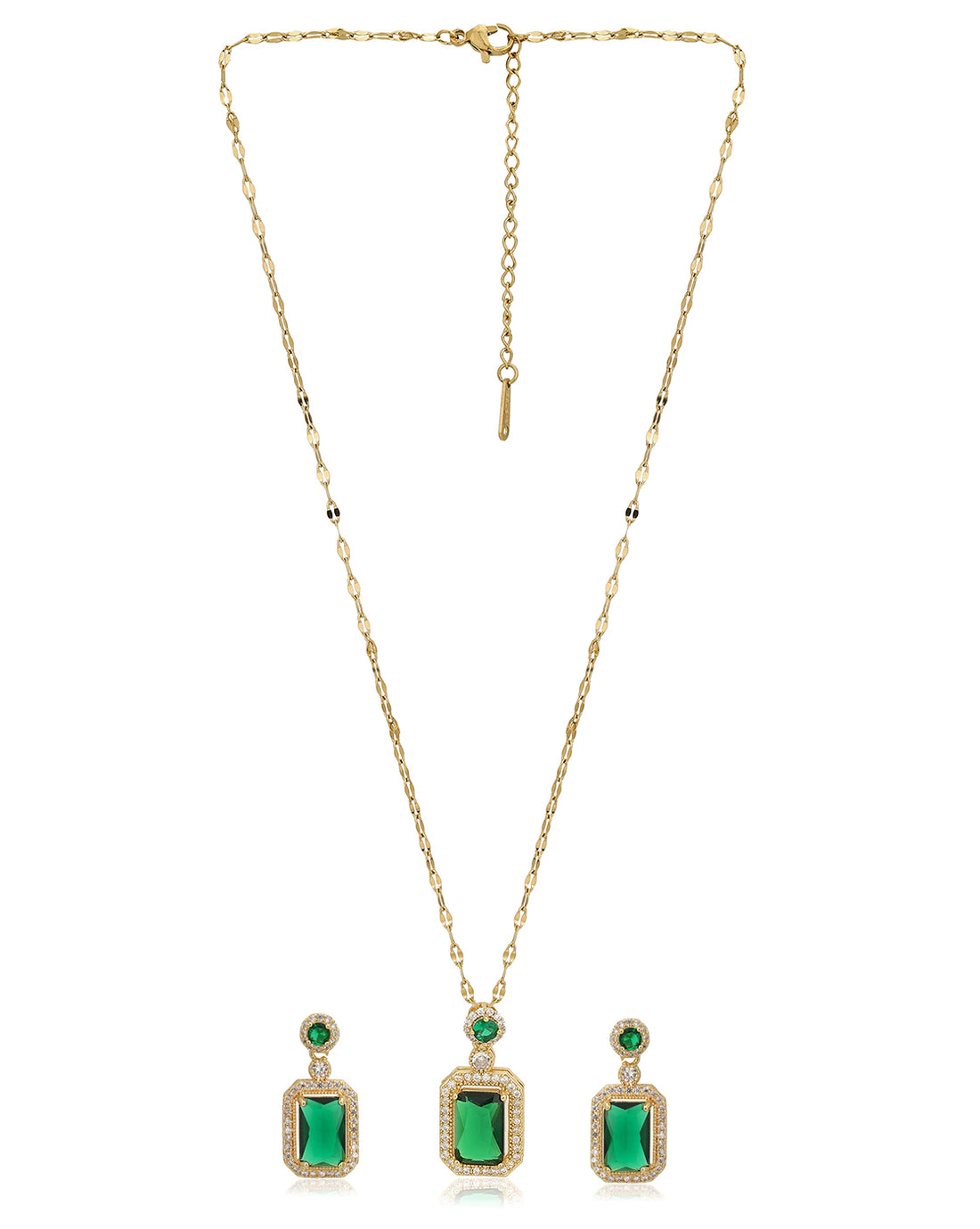 Premium Emerald Green With Gold Plated Cz Necklace And Earring Set For Women
