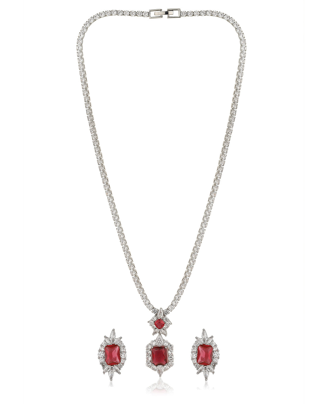 Premium Red Ruby With Rhodium Plated Necklace With Earring Set For Women