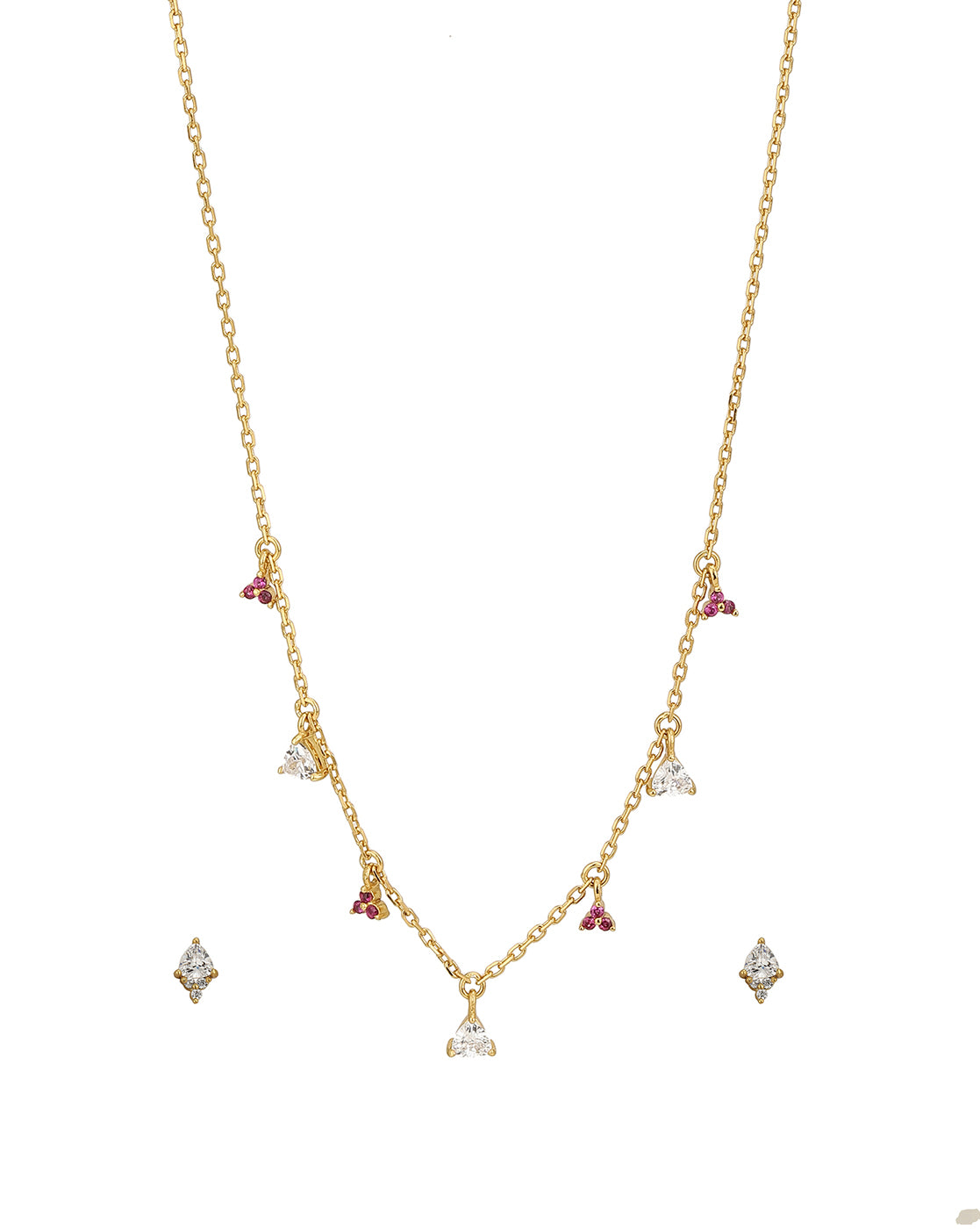 18Kt Gold Plated With Dangling Solitaire Ruby Red Cz Studded Necklace With Earring Set For Women