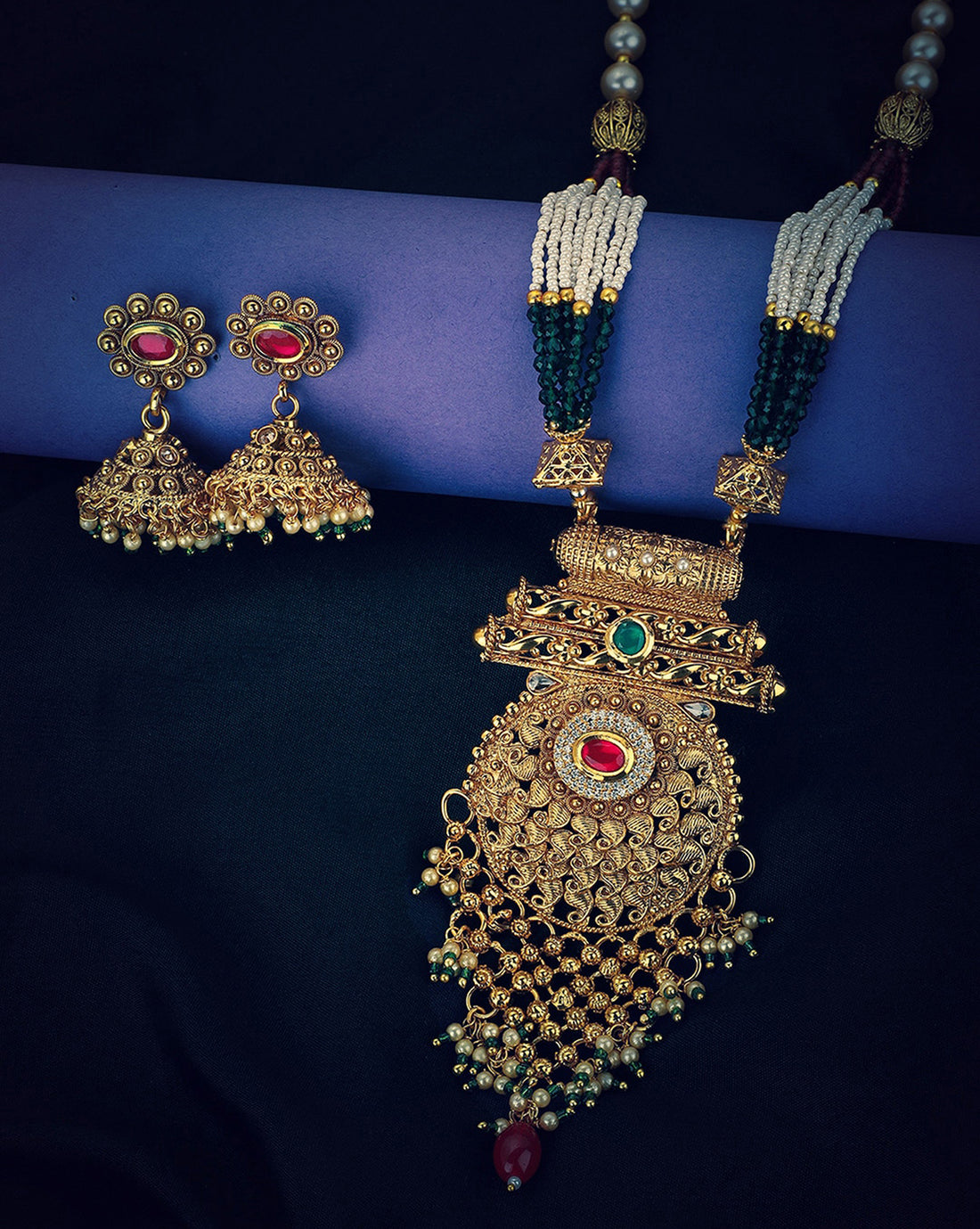 Gold Plated Kundan Bridal Long Necklace With Earring Set For Women