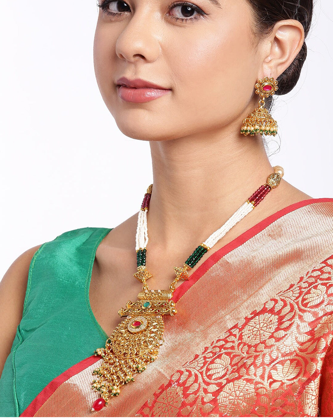 Gold Plated Kundan Bridal Long Necklace With Earring Set For Women