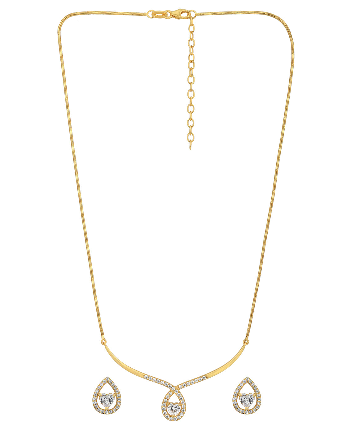 18kt Gold Plated with CZ Bar Tear Drop with Heart Solitaire Necklace and Earring set for women