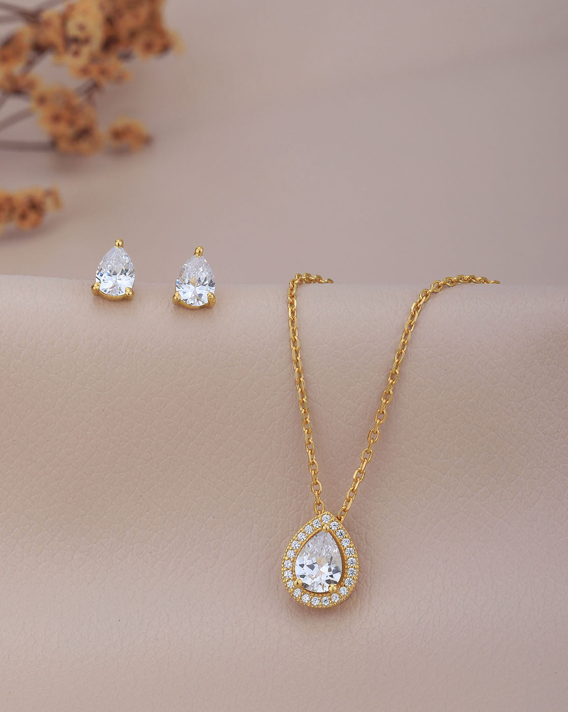 18kt Gold Plated CZ Tear Drop Shape Necklace with Earring Set for women