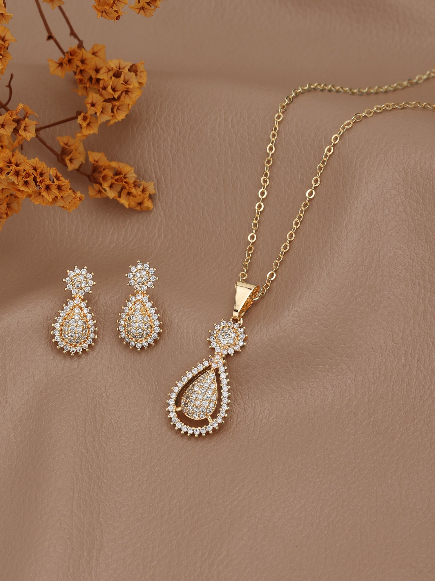 Gold Plated with CZ Ear Drop Pendant and Earring Set