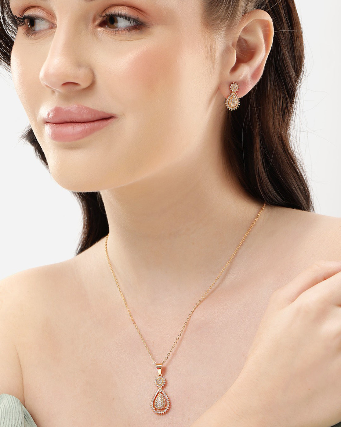 Gold Plated with CZ Ear Drop Pendant and Earring Set