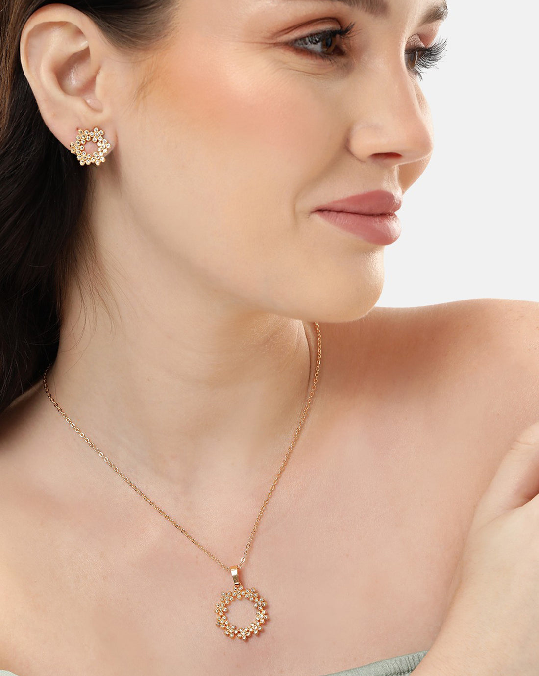 Gold Plated with CZ Floral Pendant and Earring Set