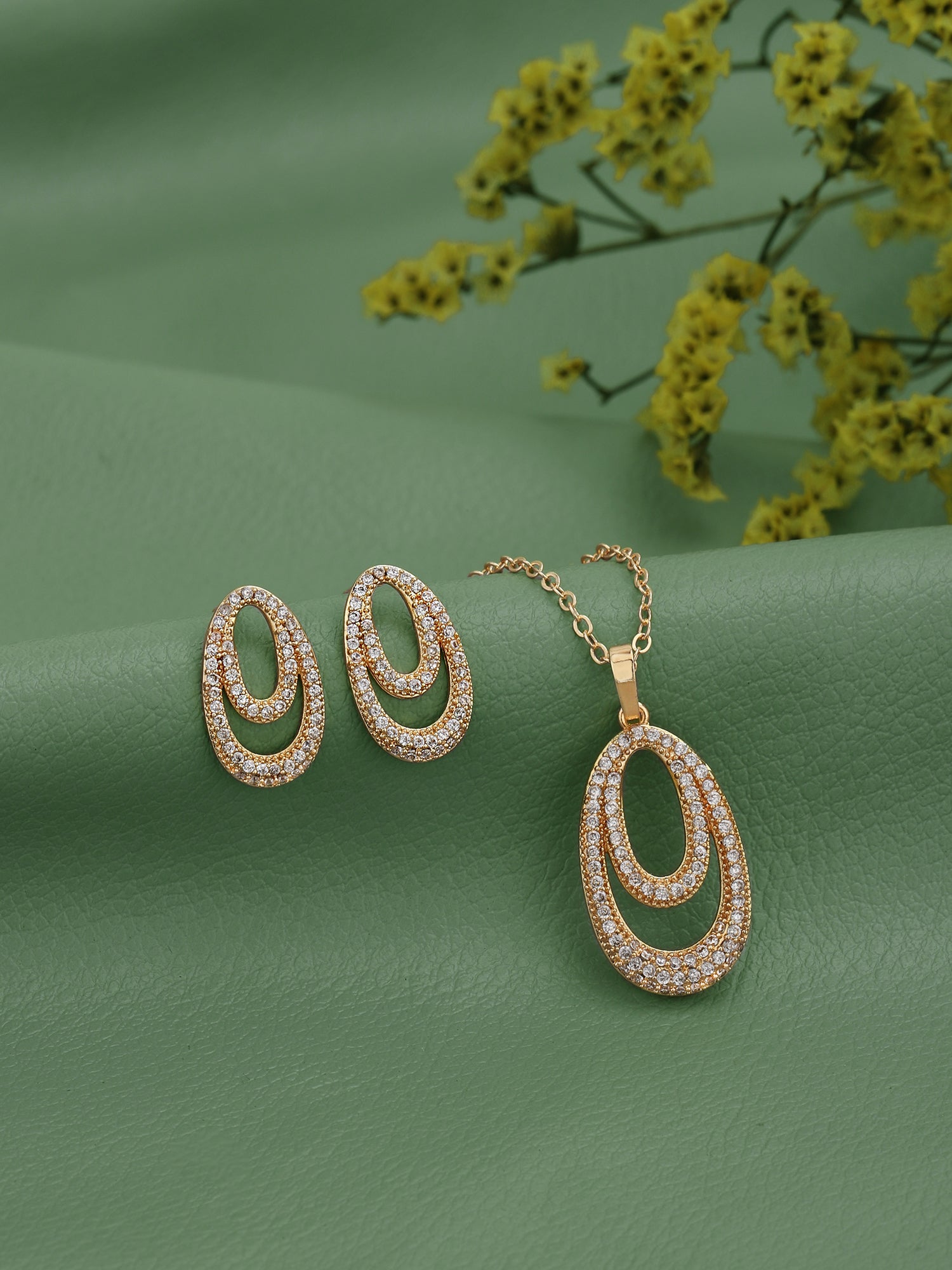 Gold Plated with CZ Oval Pendant and Earring Set
