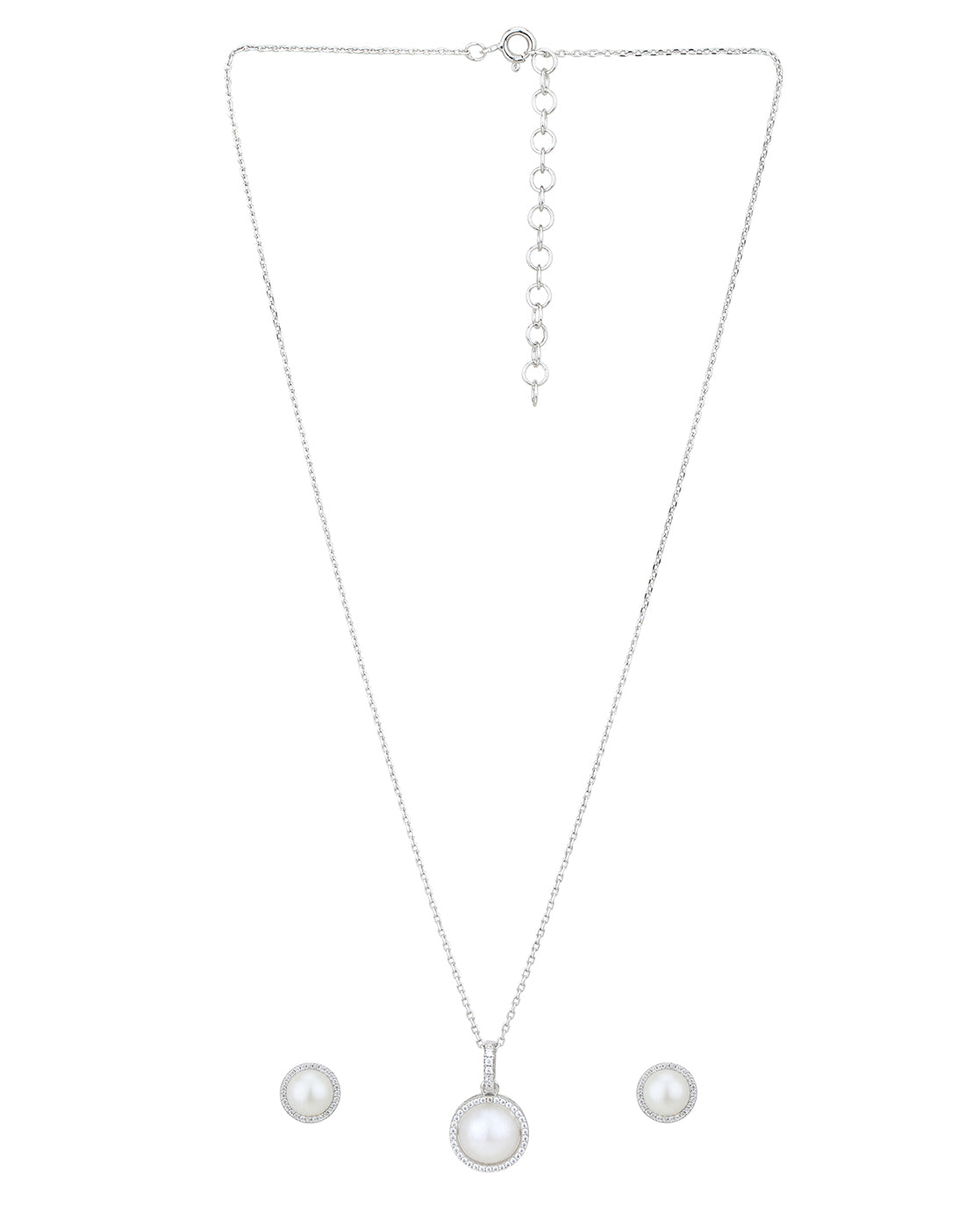 Rhodium Plated CZ with Pearl Stud & Necklace Set