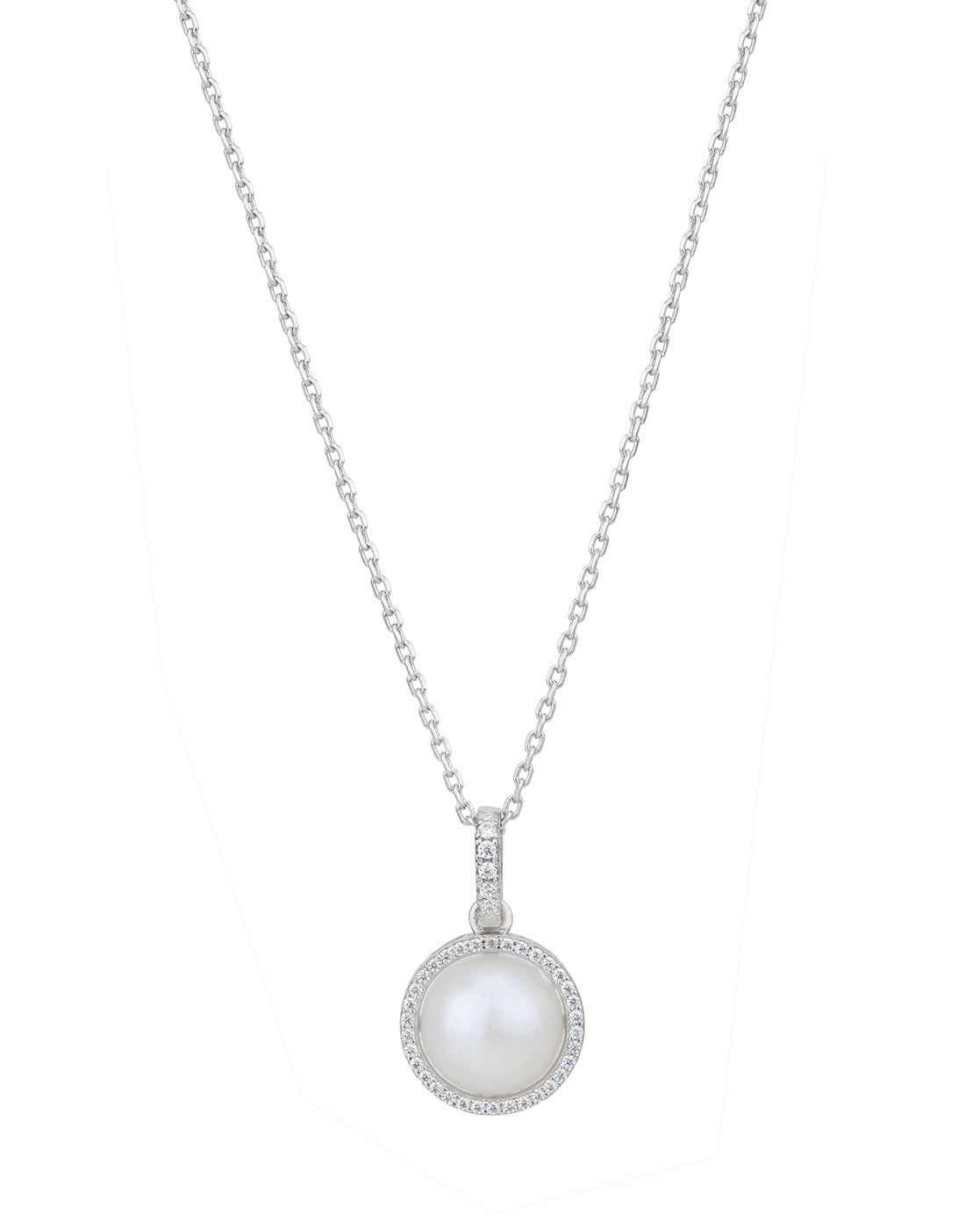 Rhodium Plated CZ with Pearl Stud & Necklace Set