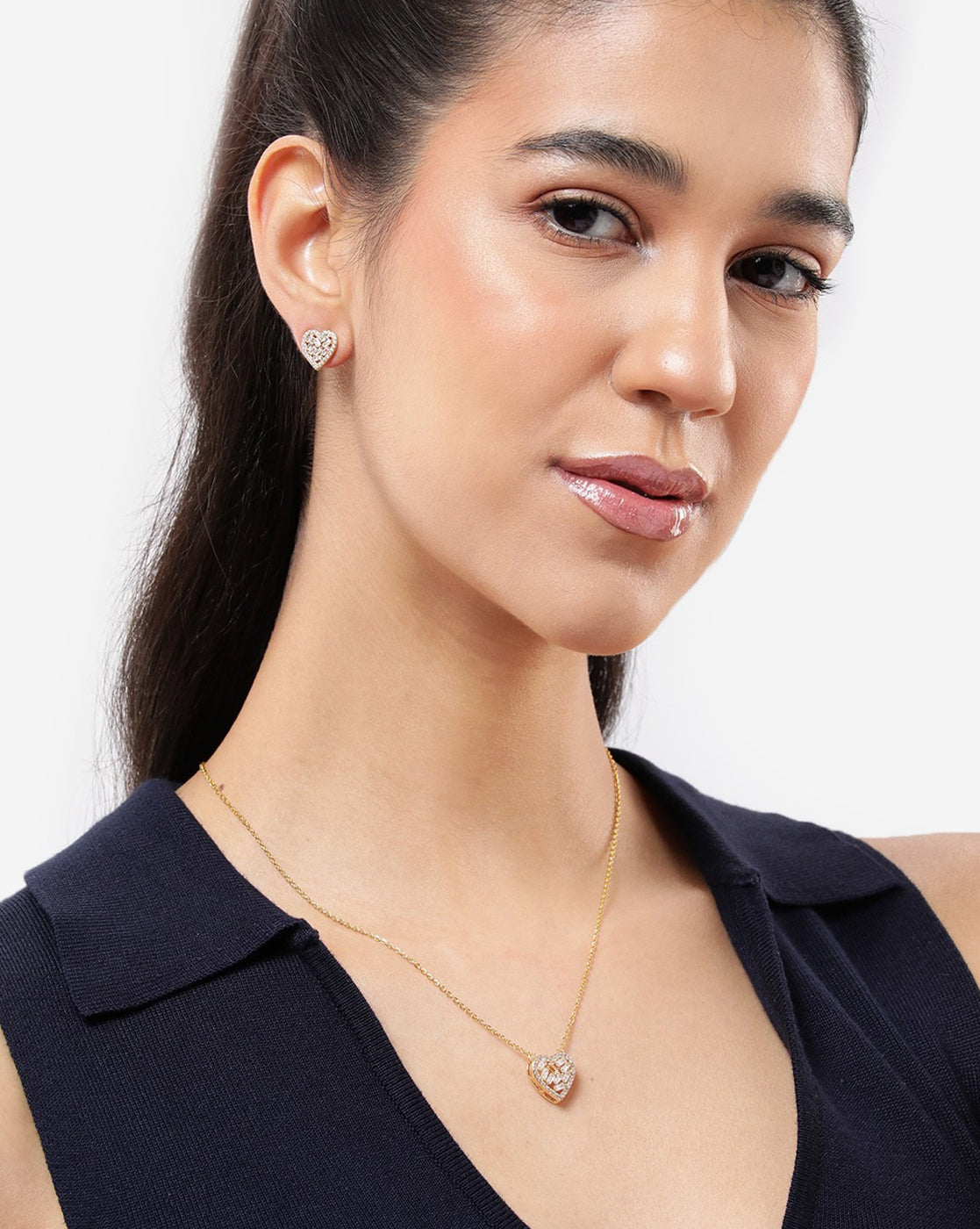 Gold Plated CZ Heart Necklace and Earring Set