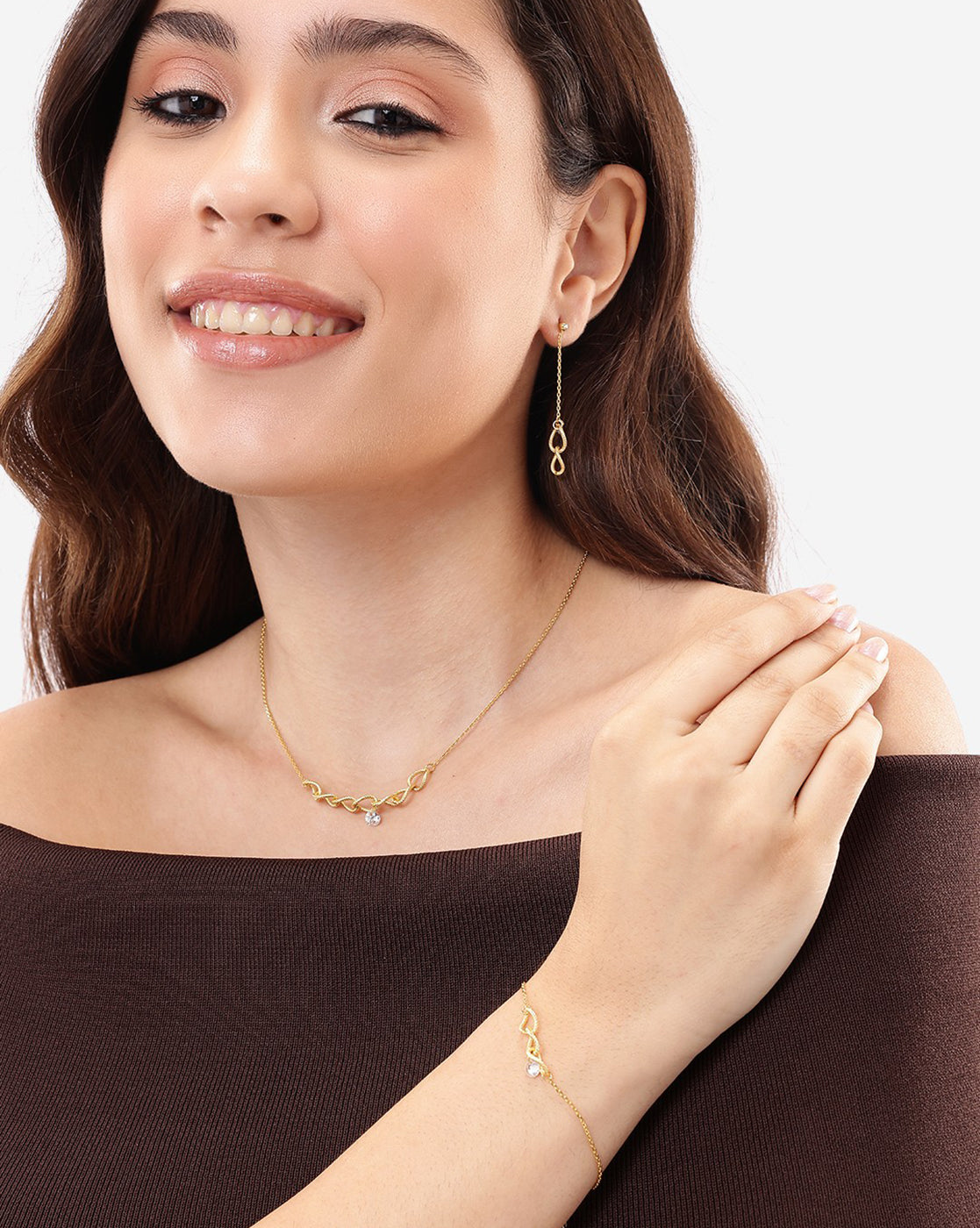 18kt Gold Plated CZ Link Bracelet with Earring and Necklace Set