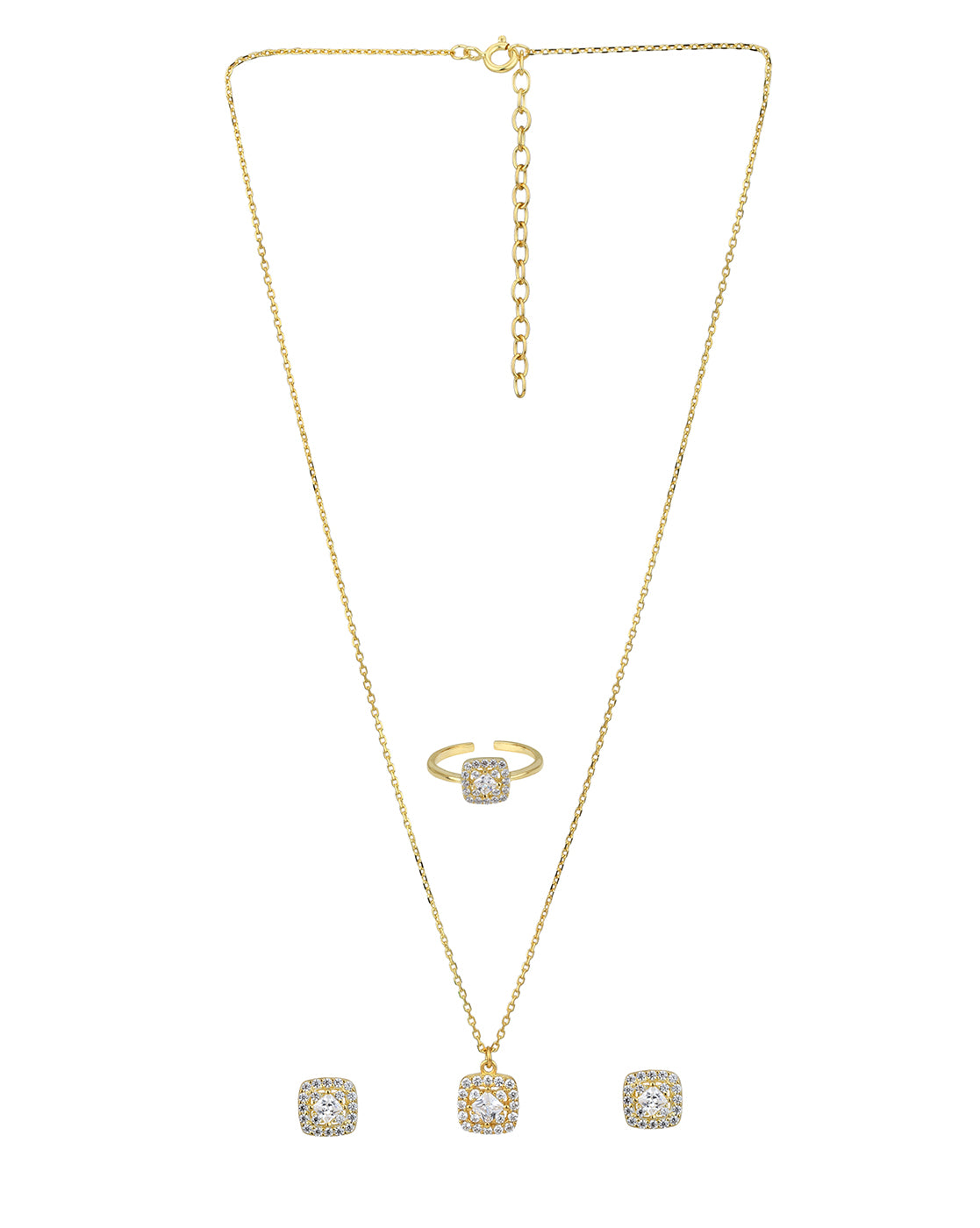 18kt Gold Plated CZ Square Earring with Adjustable Ring & Necklace Set