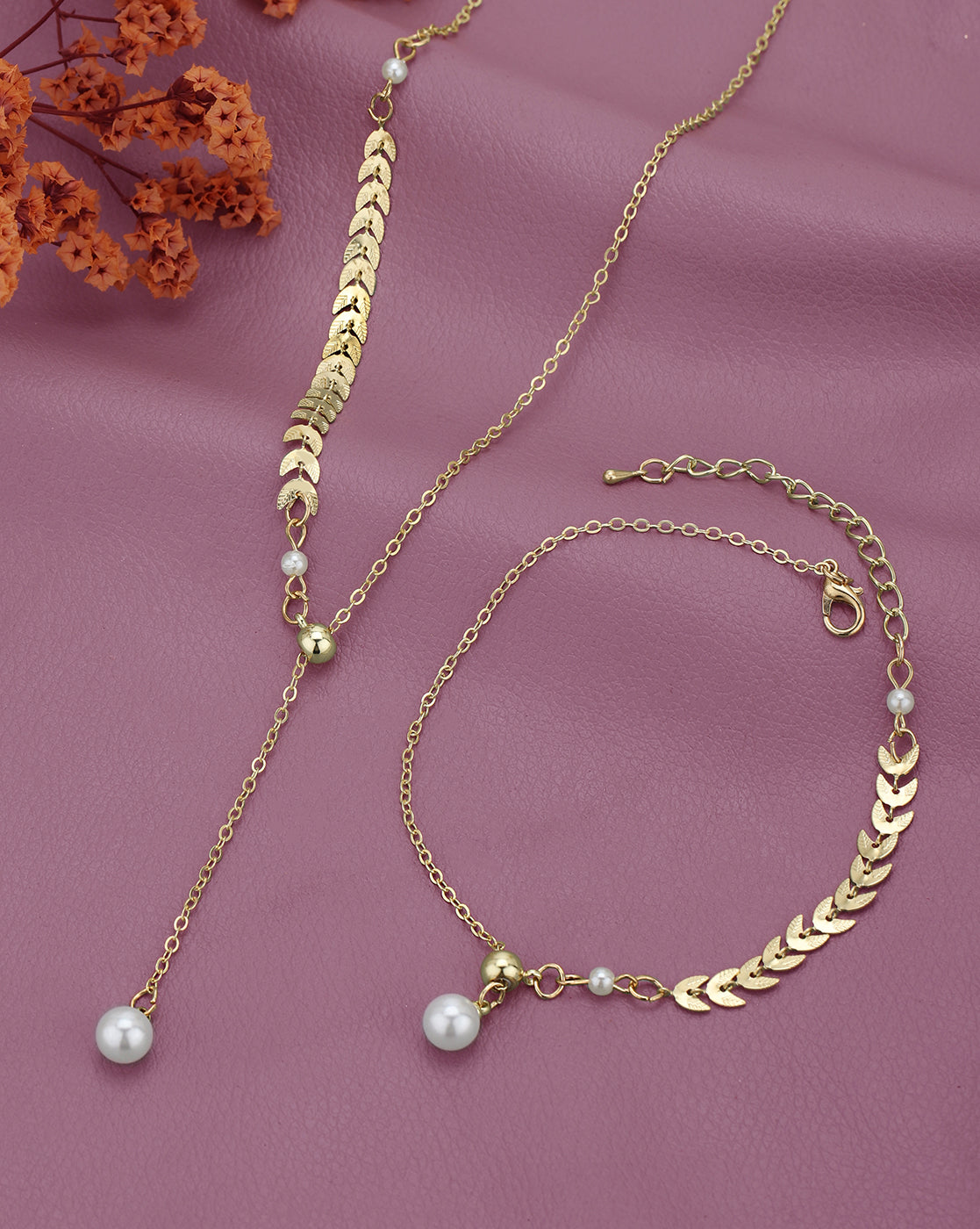 Gold Plated Dangling Pearl Lariat Necklace and Bracelet Set