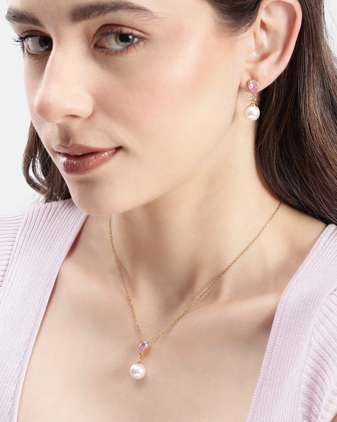 18kt Gold Plated Pear Drop CZ Pearl Necklace and Drop Earring Set