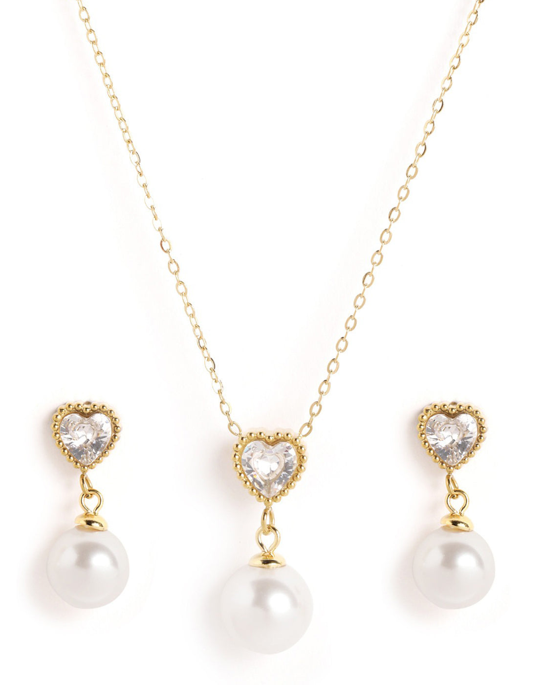 18kt Gold Plated Heart CZ Pearl Necklace and Drop Earring Set
