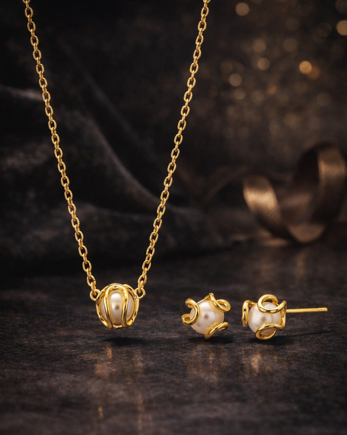 Premium Gold Plated Pearl Necklace and Earring Set