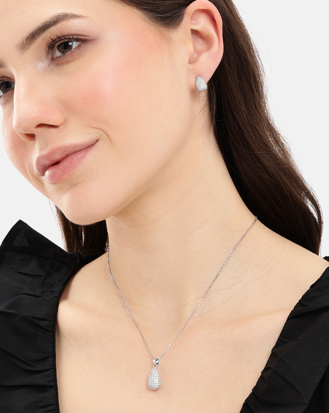 Silver Plated CZ Teardrop Necklace and Earring Set