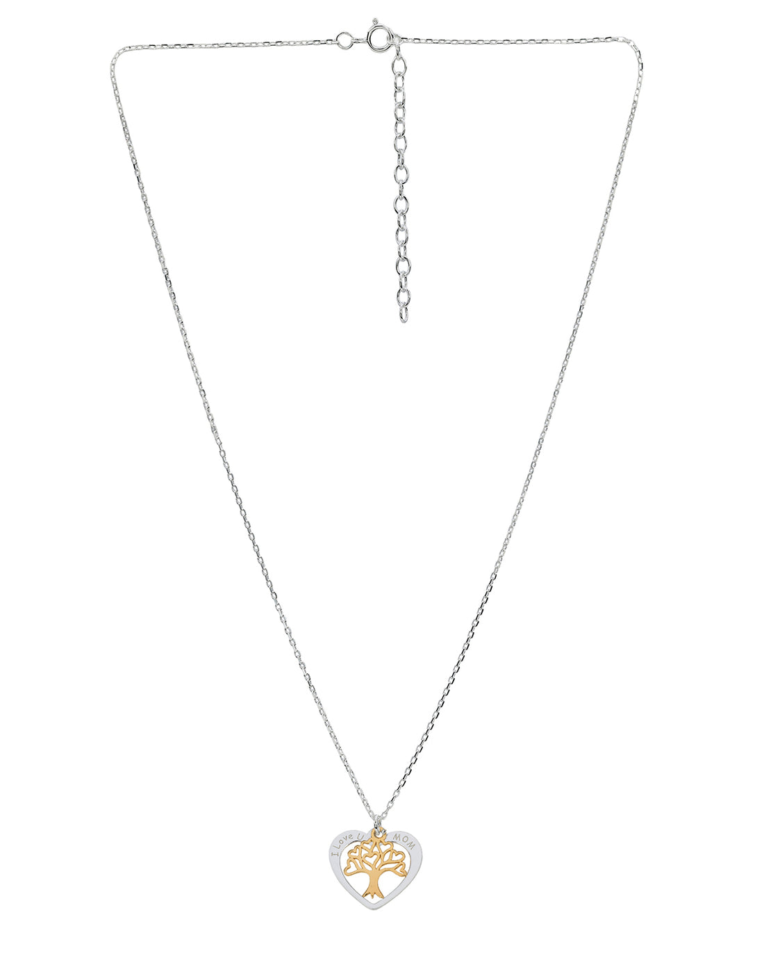 Rhodium and Gold Plated Heart Tree of Life I Love Mom Textured Pendant Necklace