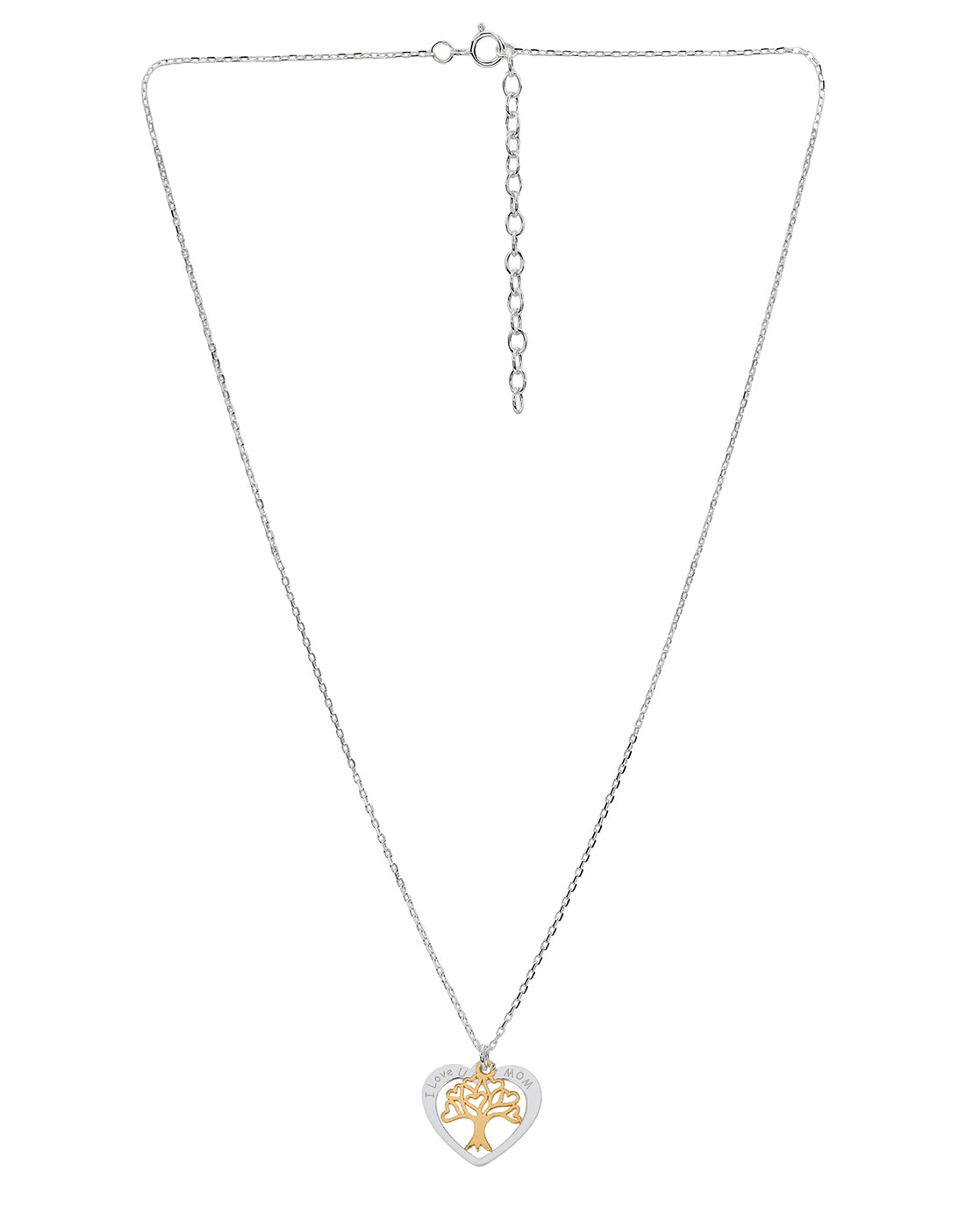 Rhodium and Gold Plated Heart Tree of Life I Love Mom Textured Pendant Necklace