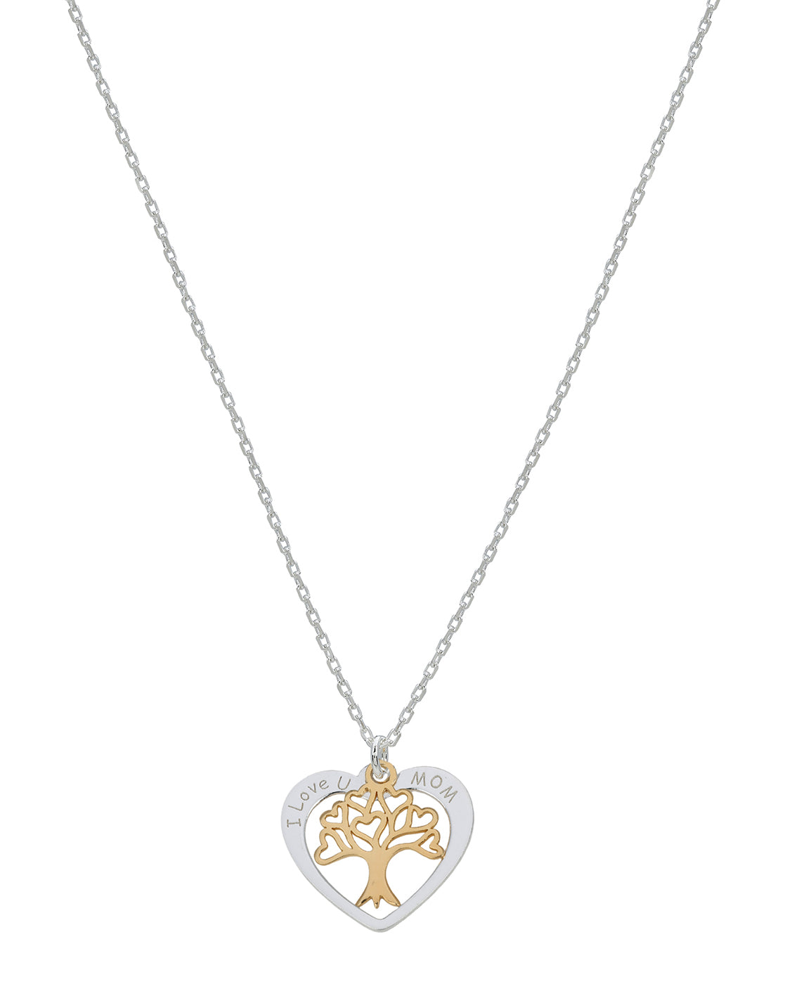 Rhodium and Gold Plated Heart Tree of Life I Love Mom Textured Pendant Necklace
