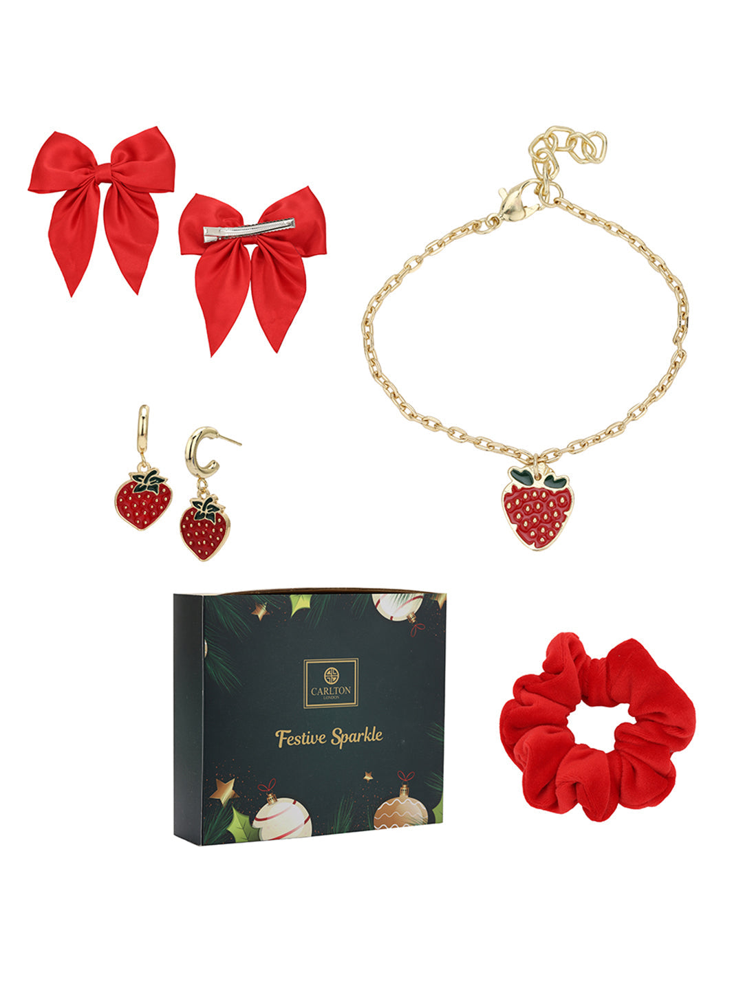 Red Luxe Kids Gift Box – Cherry Charm Bracelet & Cherry Drop Earrings, Red Bow Clip & Velvet Scrunchies Set