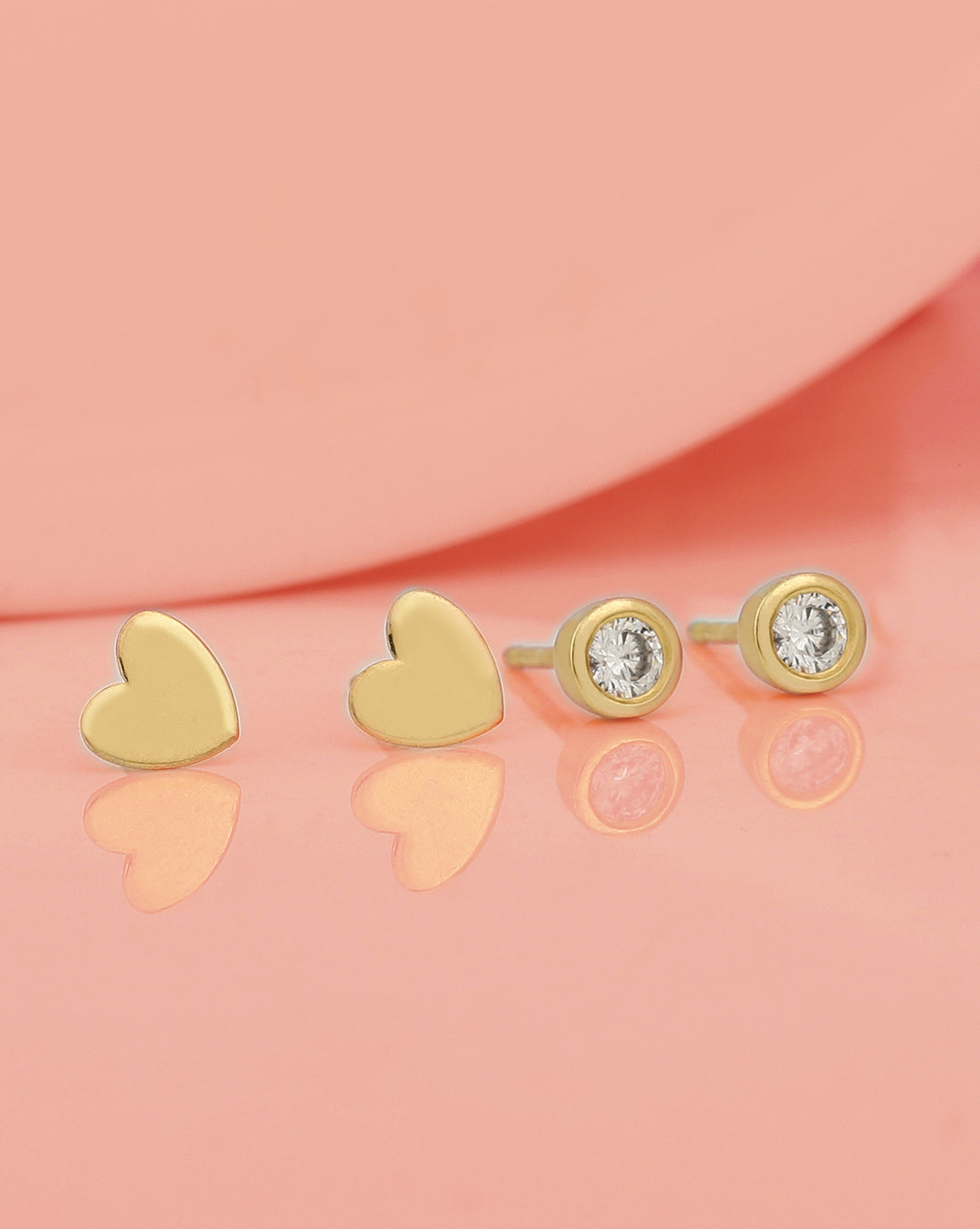 Set Of 2 18Kt Gold Plated With Cz & Heart Stud Earring For Girls