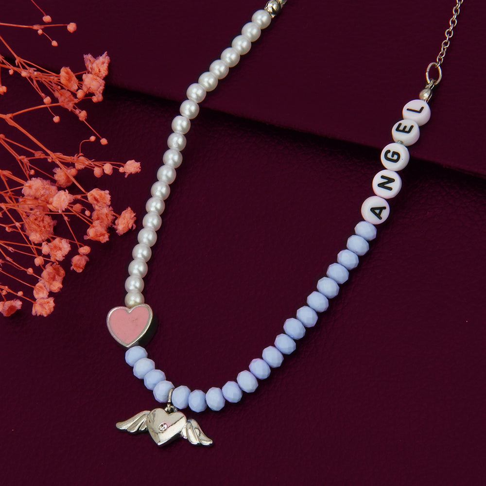 Carlton London Girls White & Blue Rhodium-Plated Enamelled Necklace Kjn060