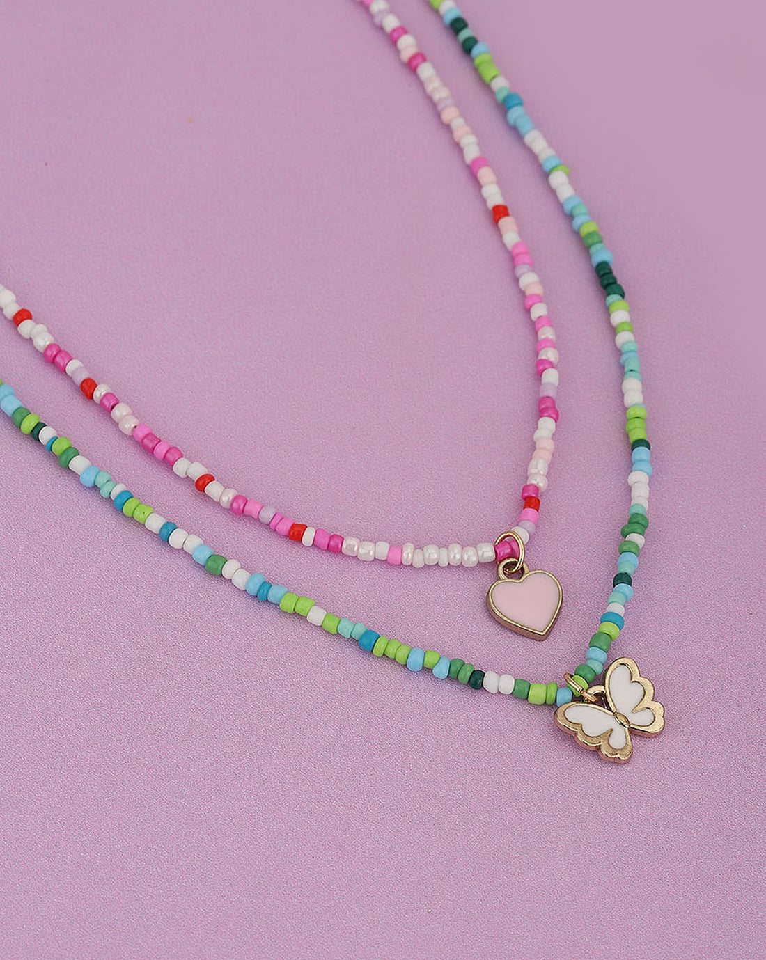 Set Of 2 Gold Plated With Enamel Heart & Butterfly Necklace For Girl