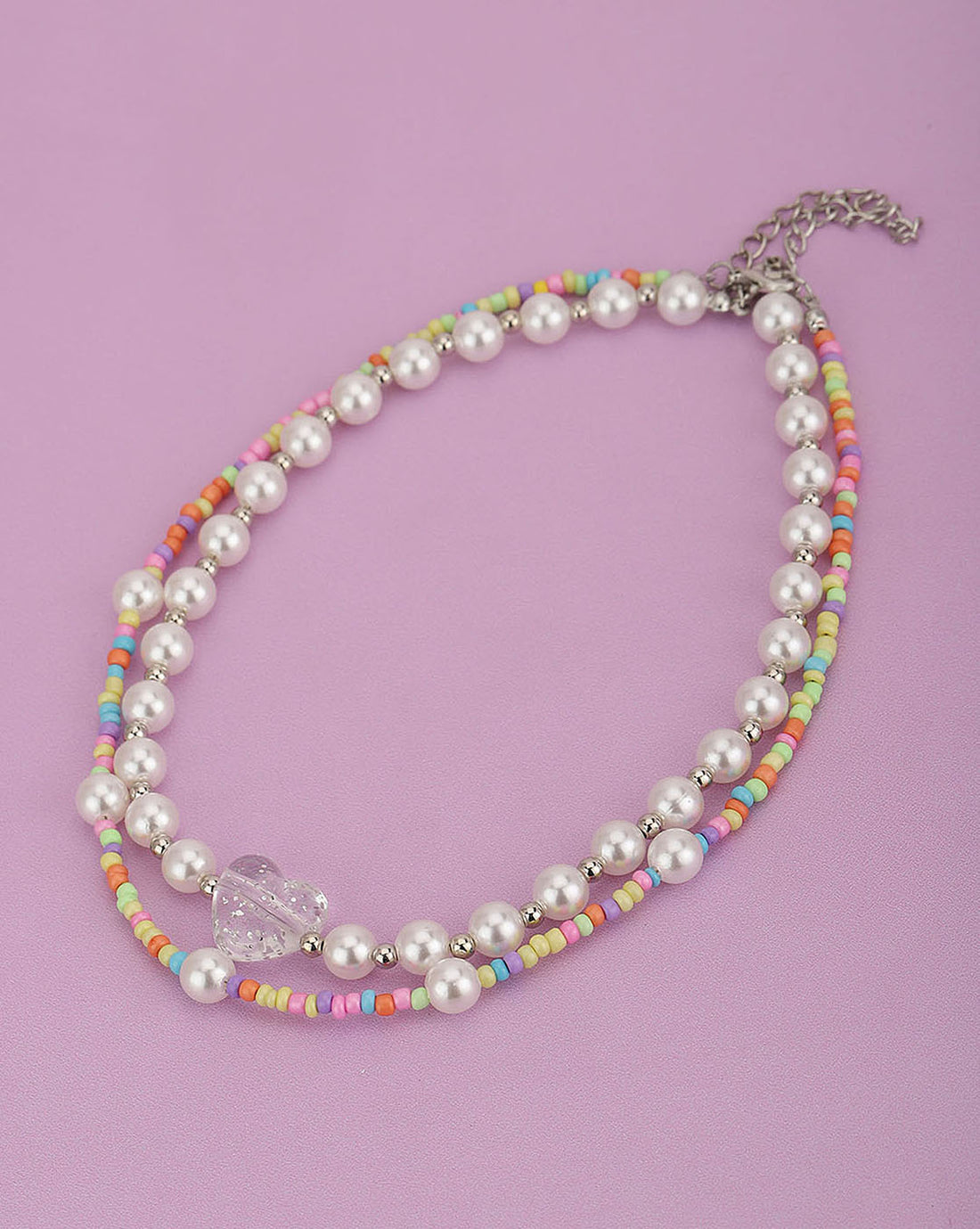 Set Of 2 Rhodium Plated With Pearl Neckalce For Girl