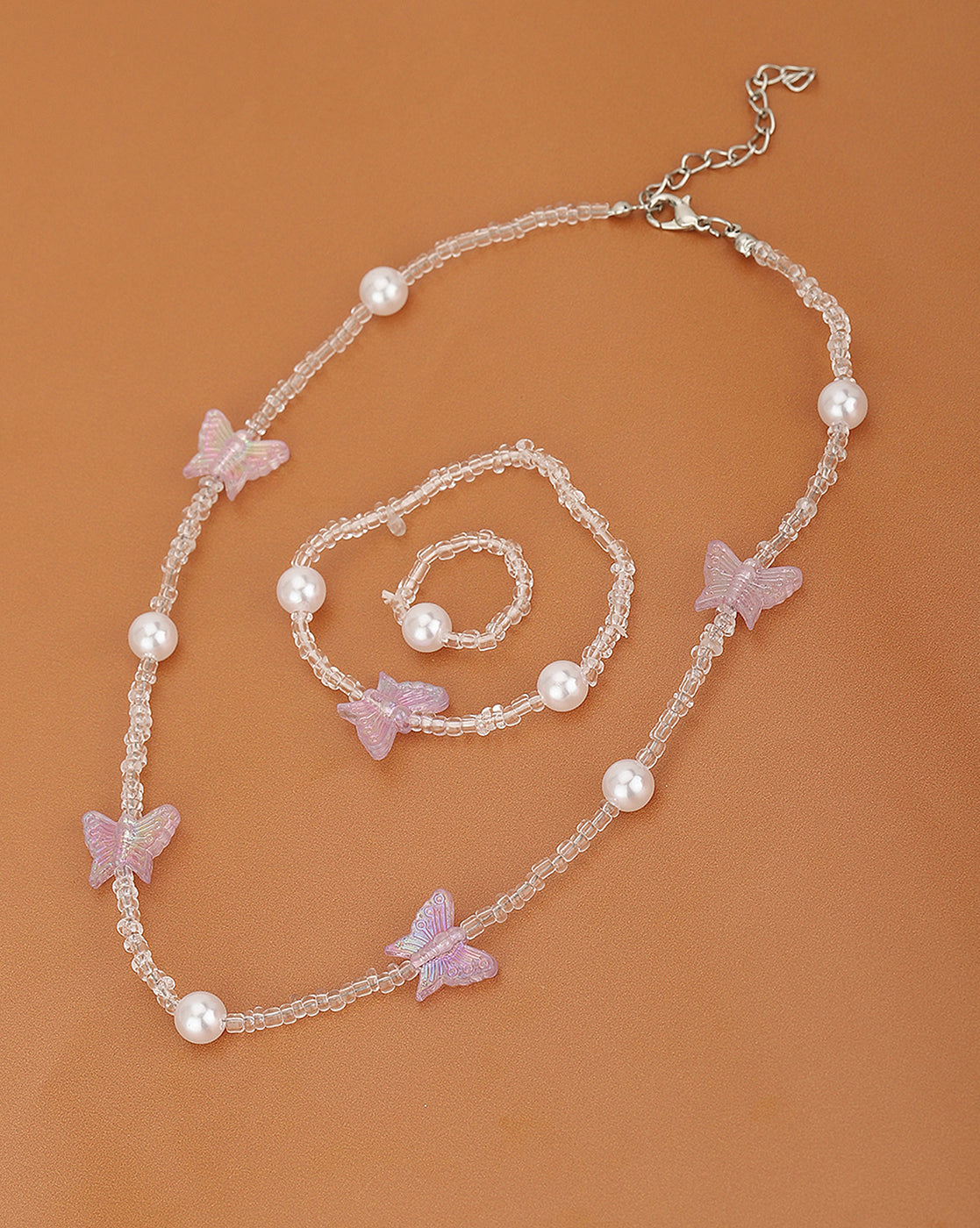 Rhodium Plated With Butterfly And Glass Bead Jewellery Set For Girl