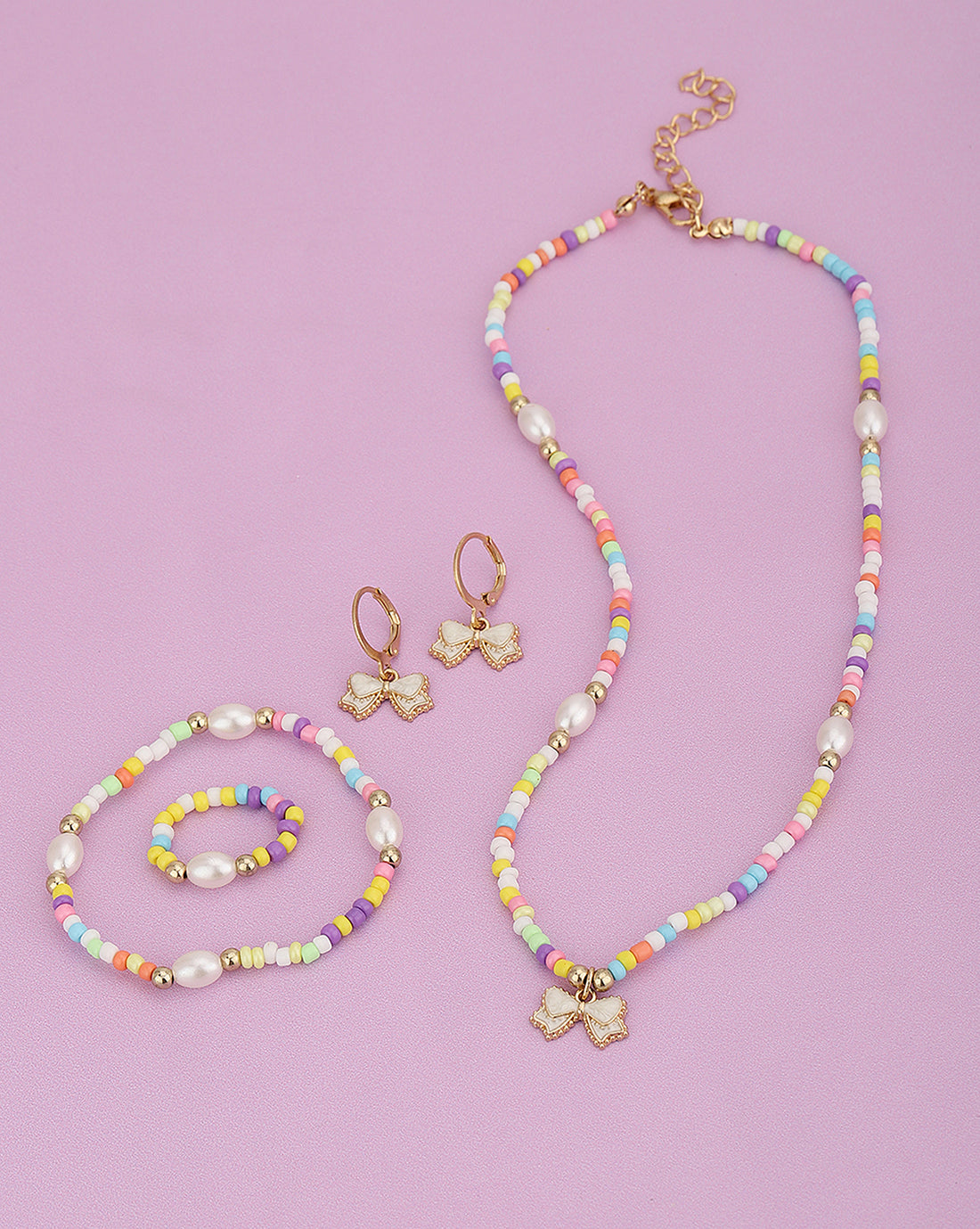 Gold Plated With Multicolour Bead Jewellery Set For Girl