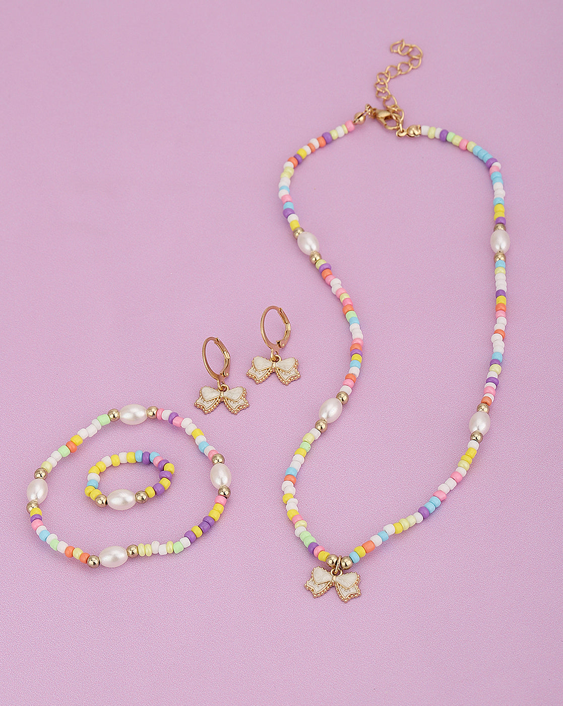 Gold Plated With Multicolour Bead Jewellery Set For Girl