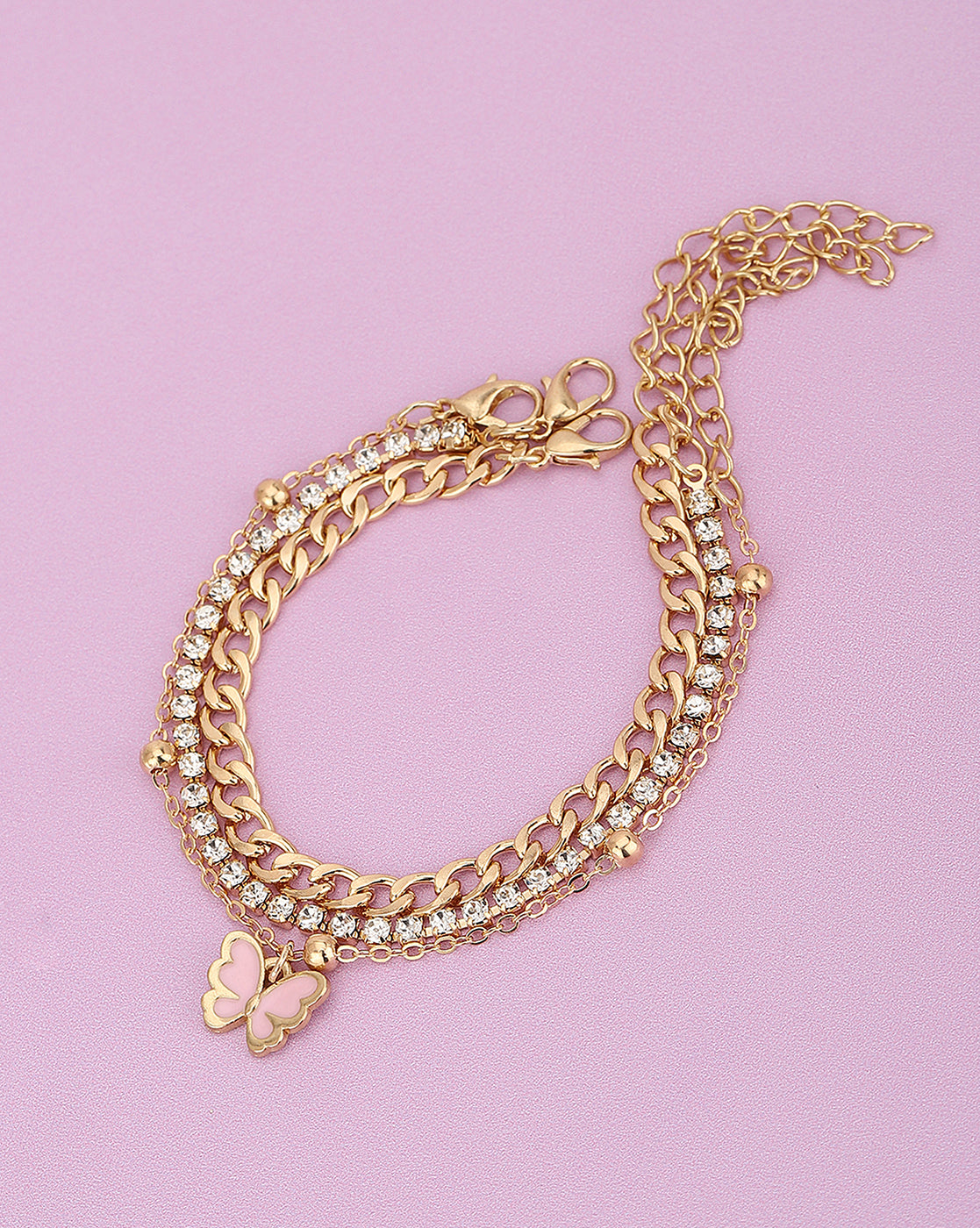 Set Of 3 Gold Plated With Cz & Enamel Bracelet Set For Girl