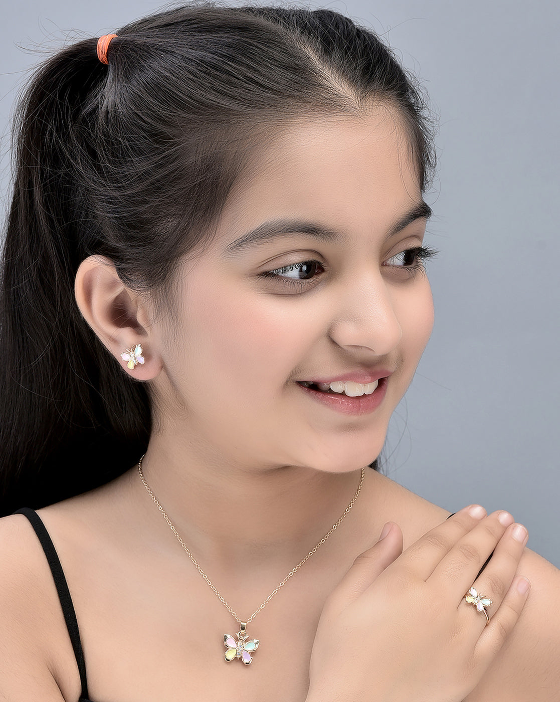 Gold Plated With Enamel And Butterfly Jewellery Set For Girl