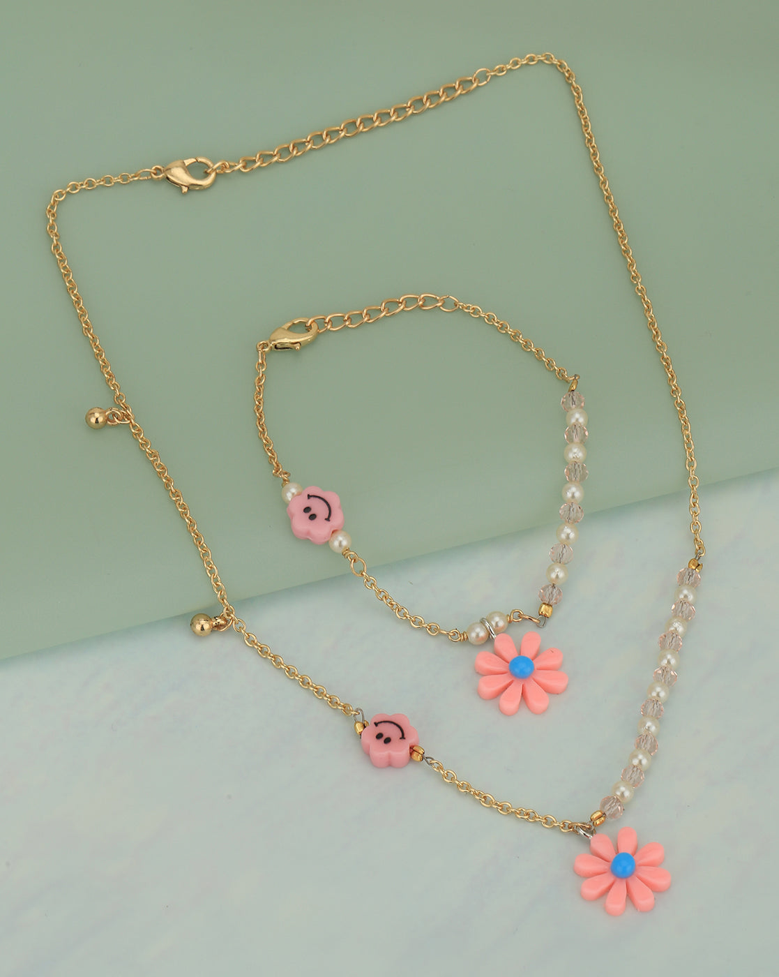 Gold Plated with Floral & Smiley Beads Jewellery Set for girl