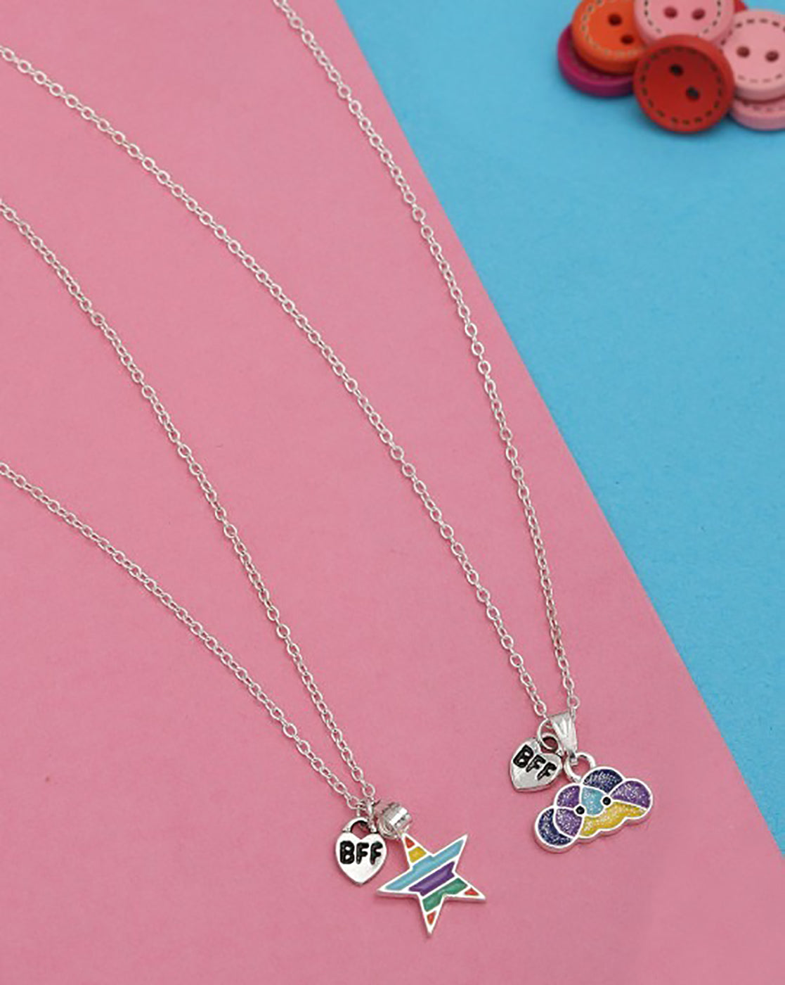 GenZ Silver Plated Rainbow and Star Engrave BFF Enamel Pendant Necklace Set of 2 for Girls