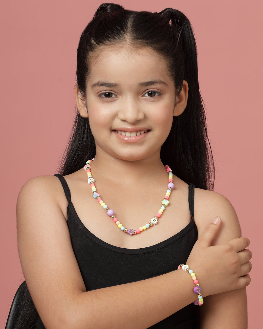 Gold Plated Colorful Beads and Heart Kids Jewellery Set for Girl