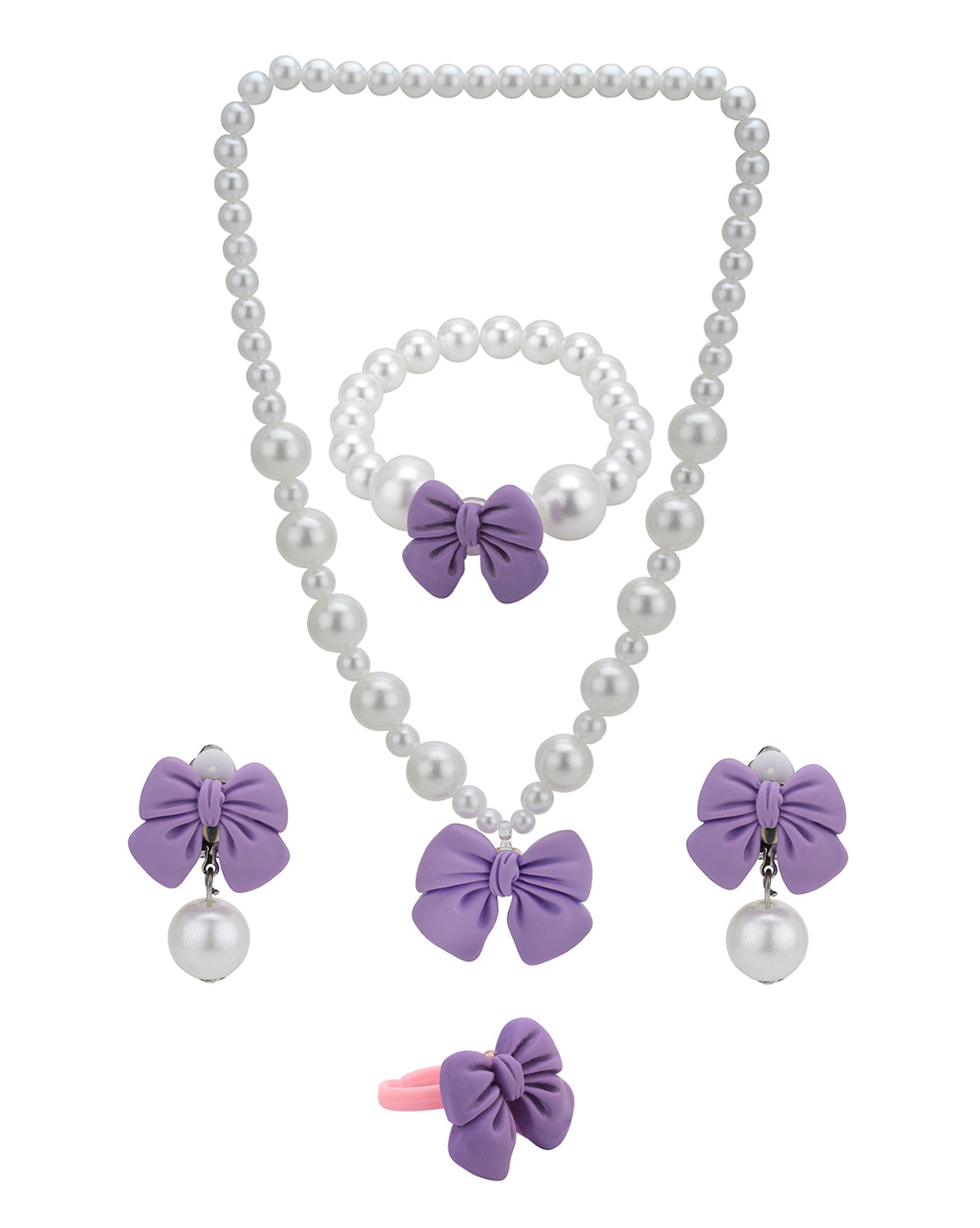 White Toned Hanging Bow and Pearl Jewellery Set for Girl