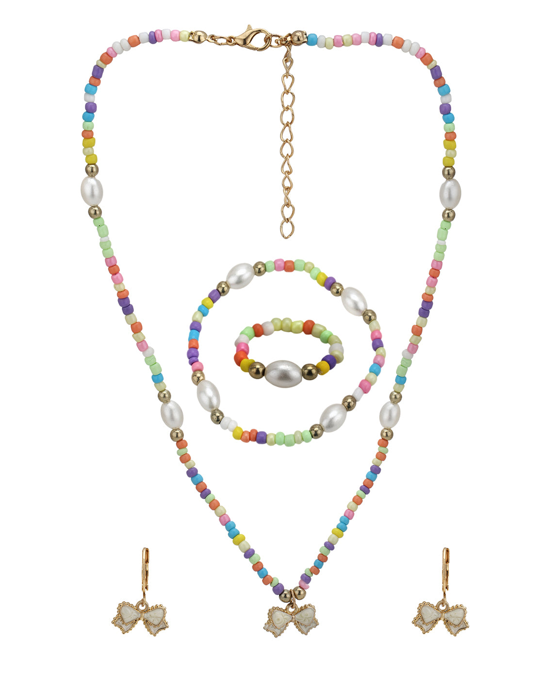 Gold Plated Colorful Beads Pearl and Dangling Bow Enamel Jewellery Set for Girl