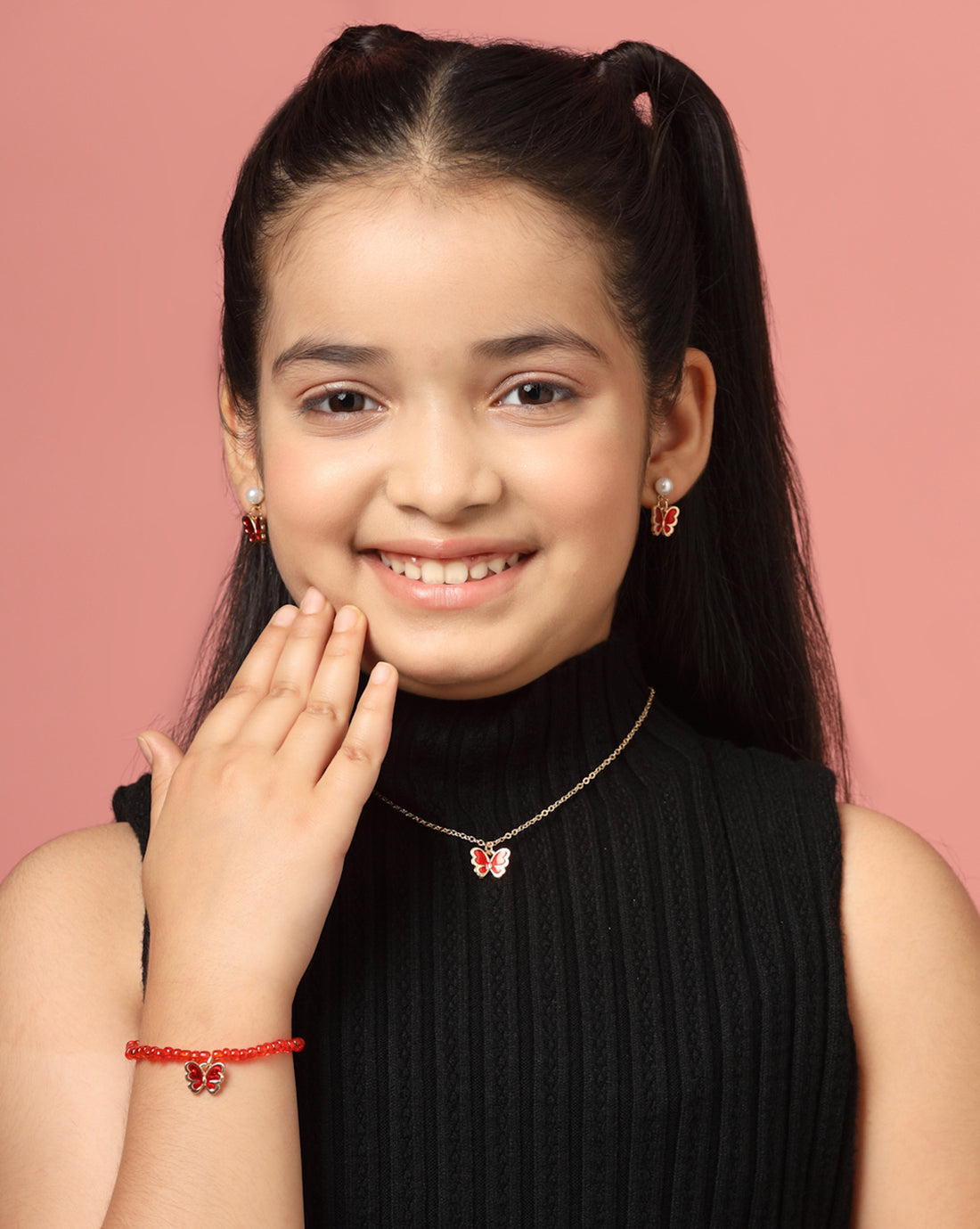 Rose Gold Plated Pearl Red Shell Butterfly Jewellery Set for Girl