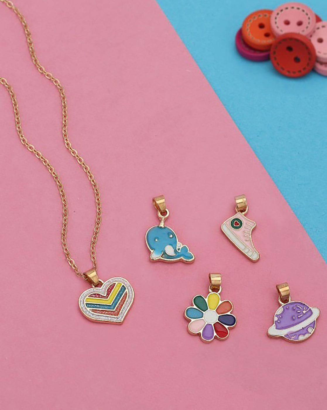 GenZ Set of 5 Inter changeable Multi Figure Enamel Pendant Necklace