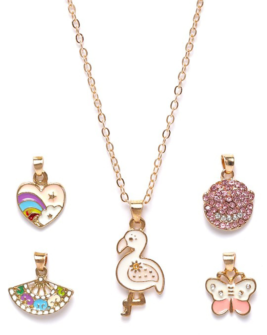 GenZ Rose Gold Plated Set of 5 Inter changeable Multi Figure Enamel Pendant Necklace