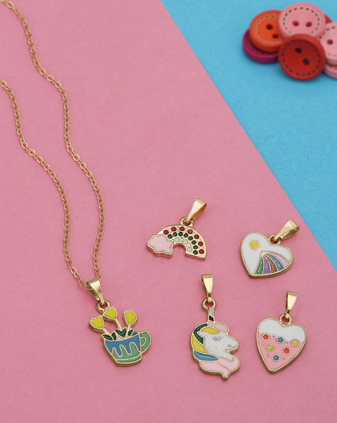 GenZ Rose Gold Plated Set of 5 Inter changeable Multi Figure Enamel Pendant Necklace