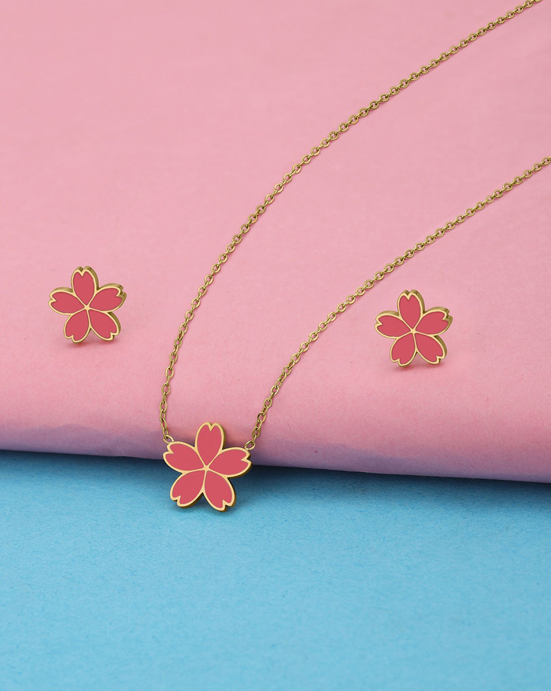 Girls 18kt Gold Plated Enamel Floral Necklace and Earring Set